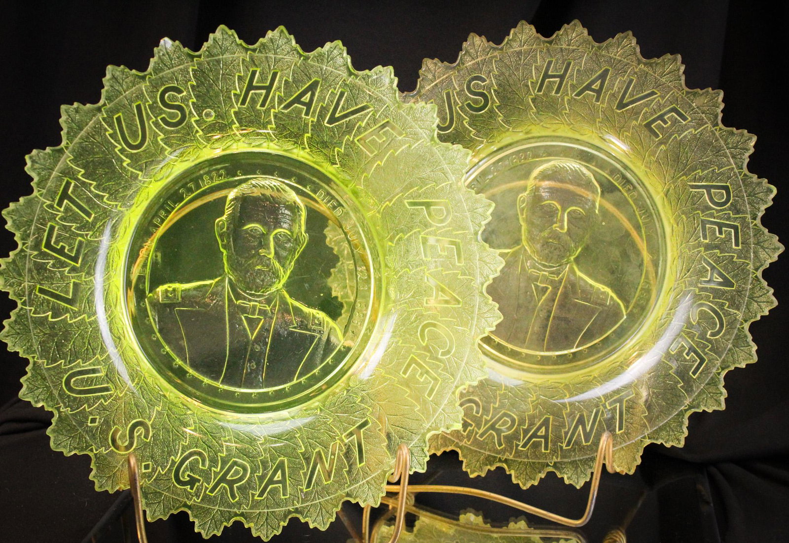 2 pc Lot "Let Us Have Peace, U.S. Grant" Vaseline Plates: Boy, don't these plates say it all. Tired of all the nonsense going on today? Buy these and look at them everyday in hopes something will change. These are tough plates to find and these are fine exam
