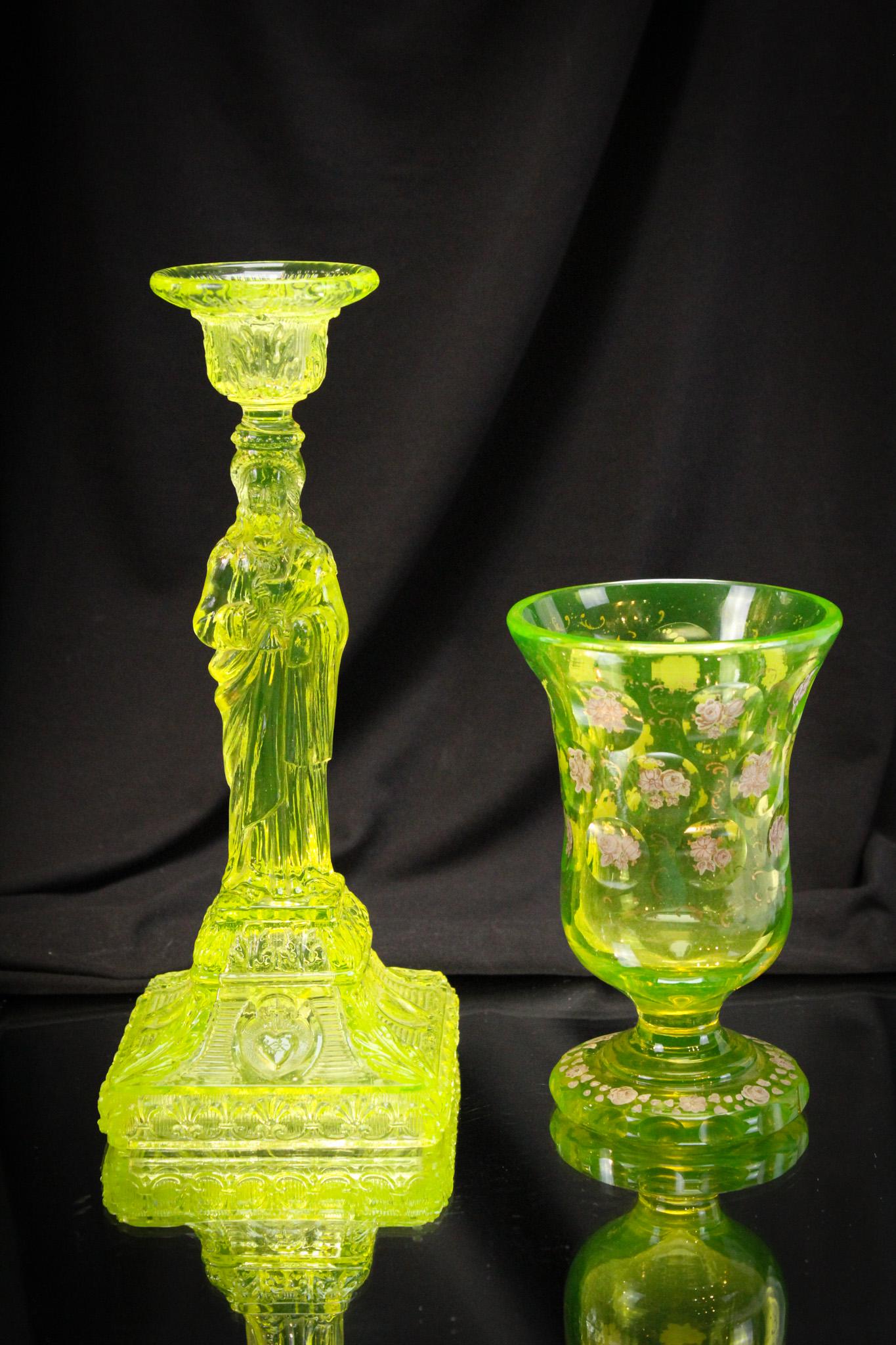 2 pc Lot Vaseline Glass Candlestick & Bohemian Cut Beaker (1 of 15)