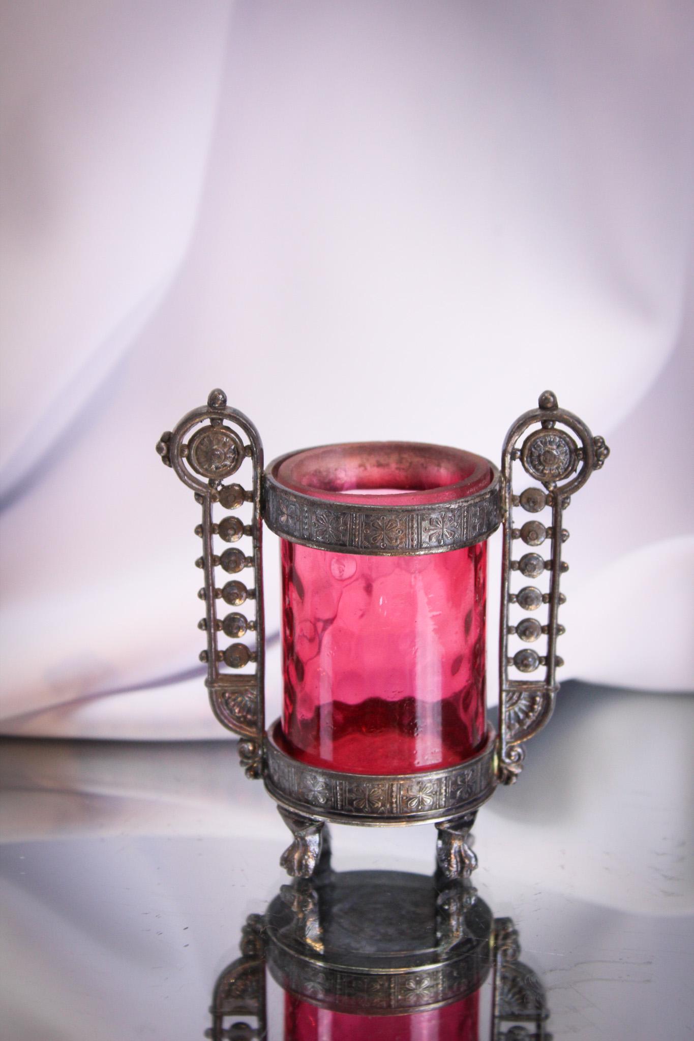 Cranberry Victorian Aurora Silverplate Toothpick Holder (1 of 6)