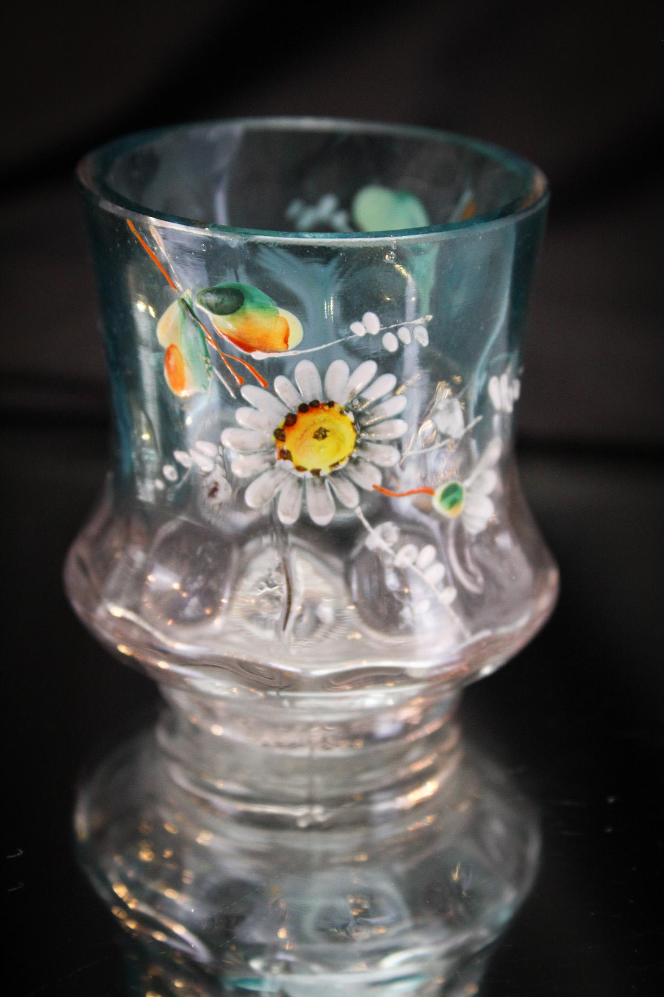 Bluerina Victorian Enameled Toothpick Holder: Fine example of blue shaded to clear with enameling in a toothpick holder. Curvacious form. Only the best here at Magnum Auctions! It measures 2 1/2".