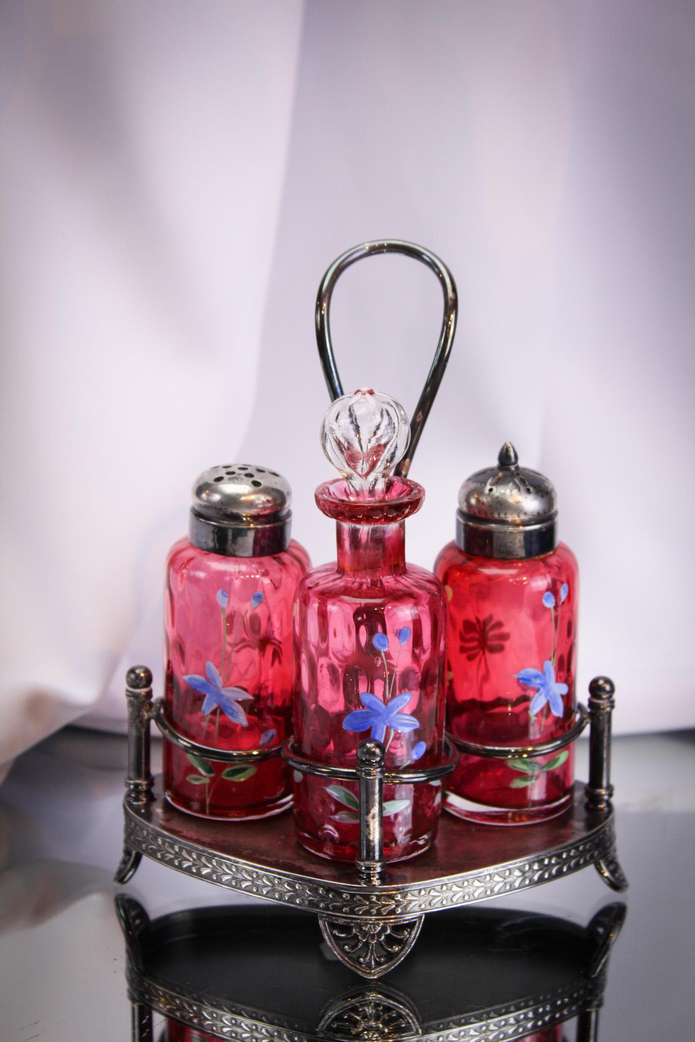 Victorian Tufts Silverplate Cranberry Enameled Shaker Castor Set (1 of 7)