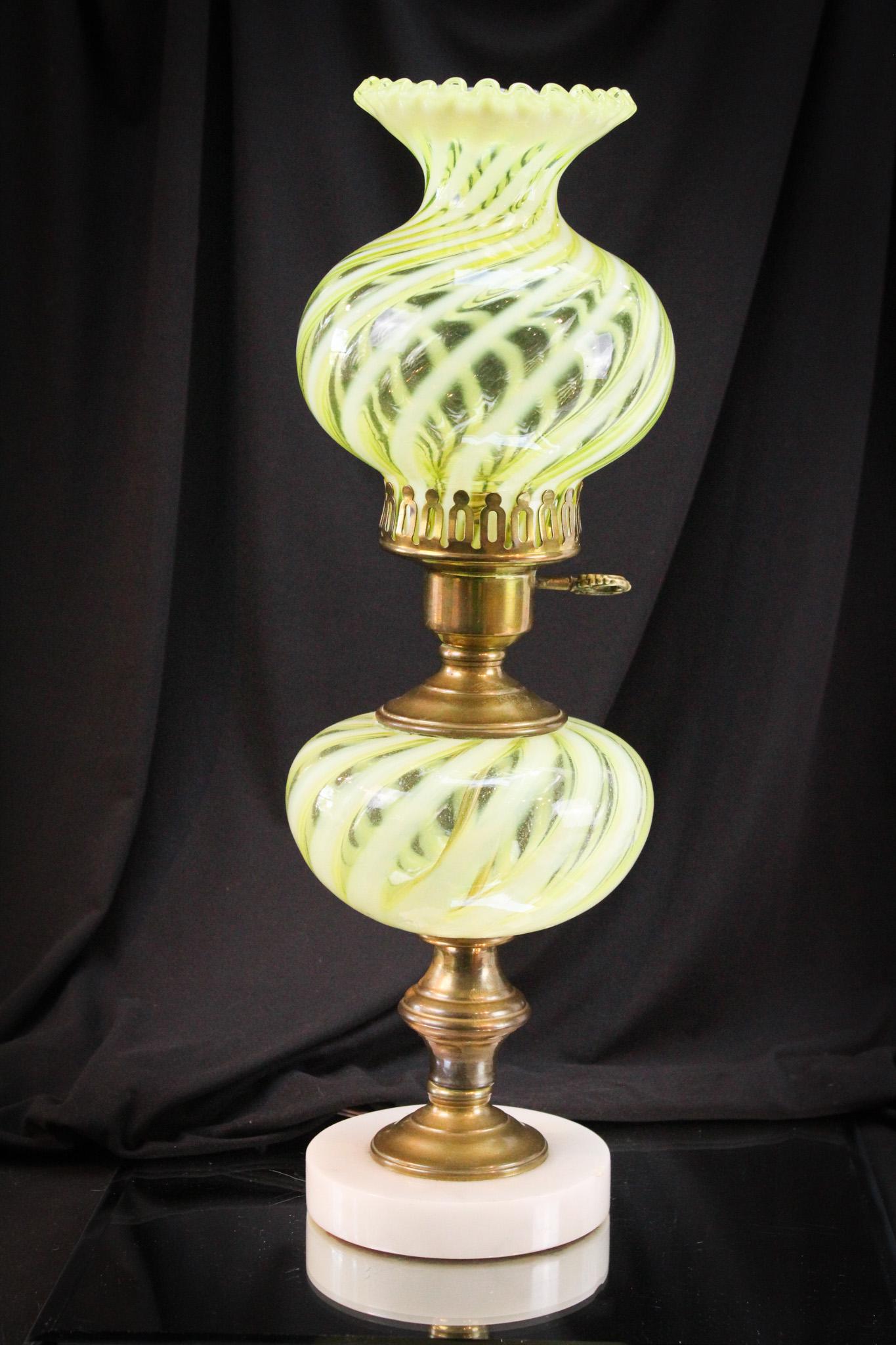 Scarce Vaseline Opalescent Swirl Fenton Lamp (1 of 6)