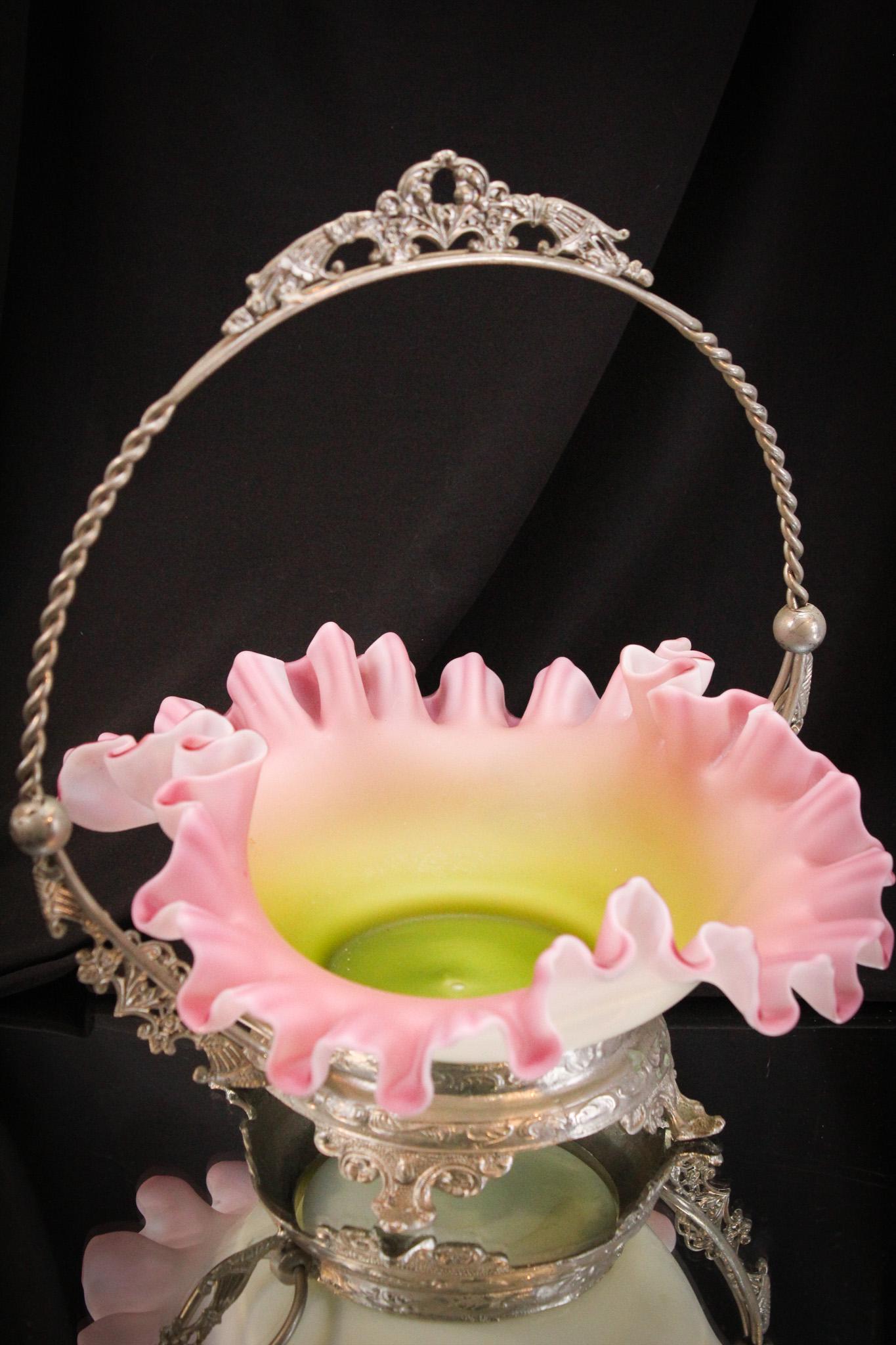 Beautiful Art Pink & Green Glass Brides Basket (1 of 9)