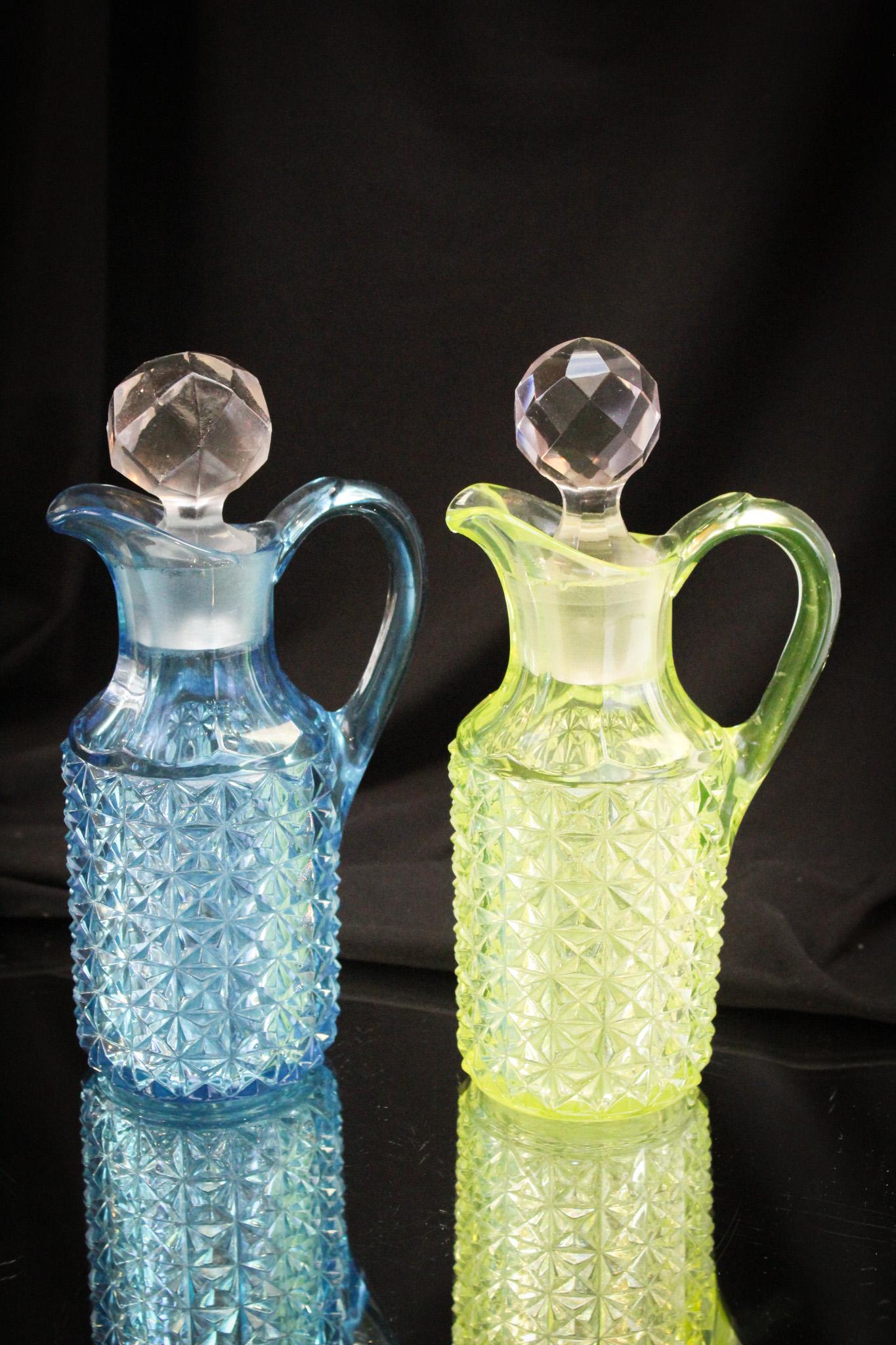 2 pc Lot Duncan Glass Vaseline & Blue Finecut Cruets (1 of 16)