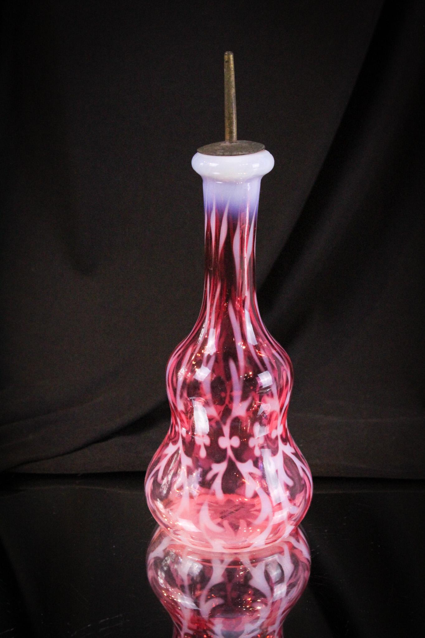 Scarce Cranberry Opalescent Corset Spanish Lace Barber Bottle (1 of 7)