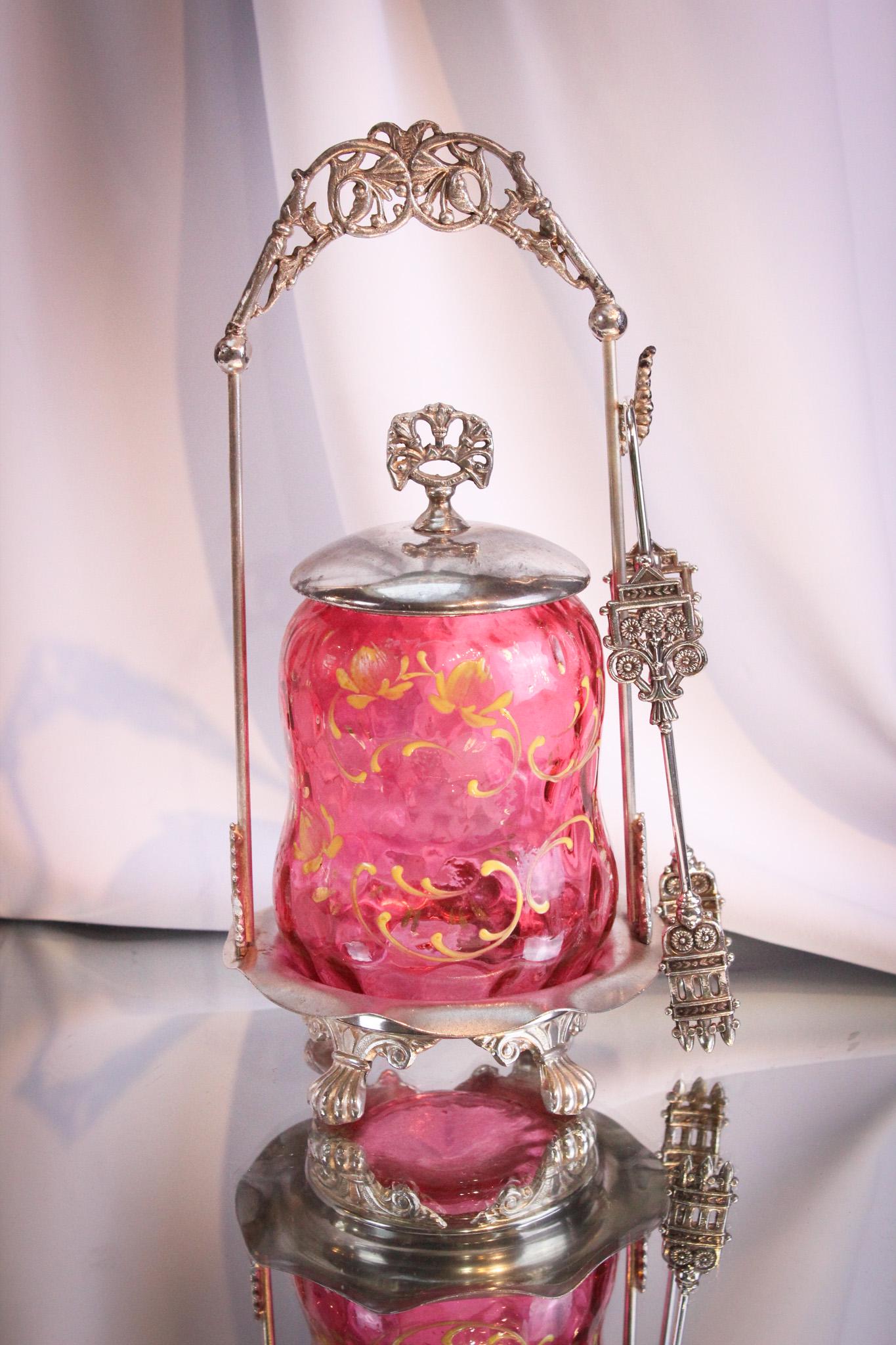 Meriden Silverplate Cranberry Enameled Victorian Pickle Castor (1 of 8)