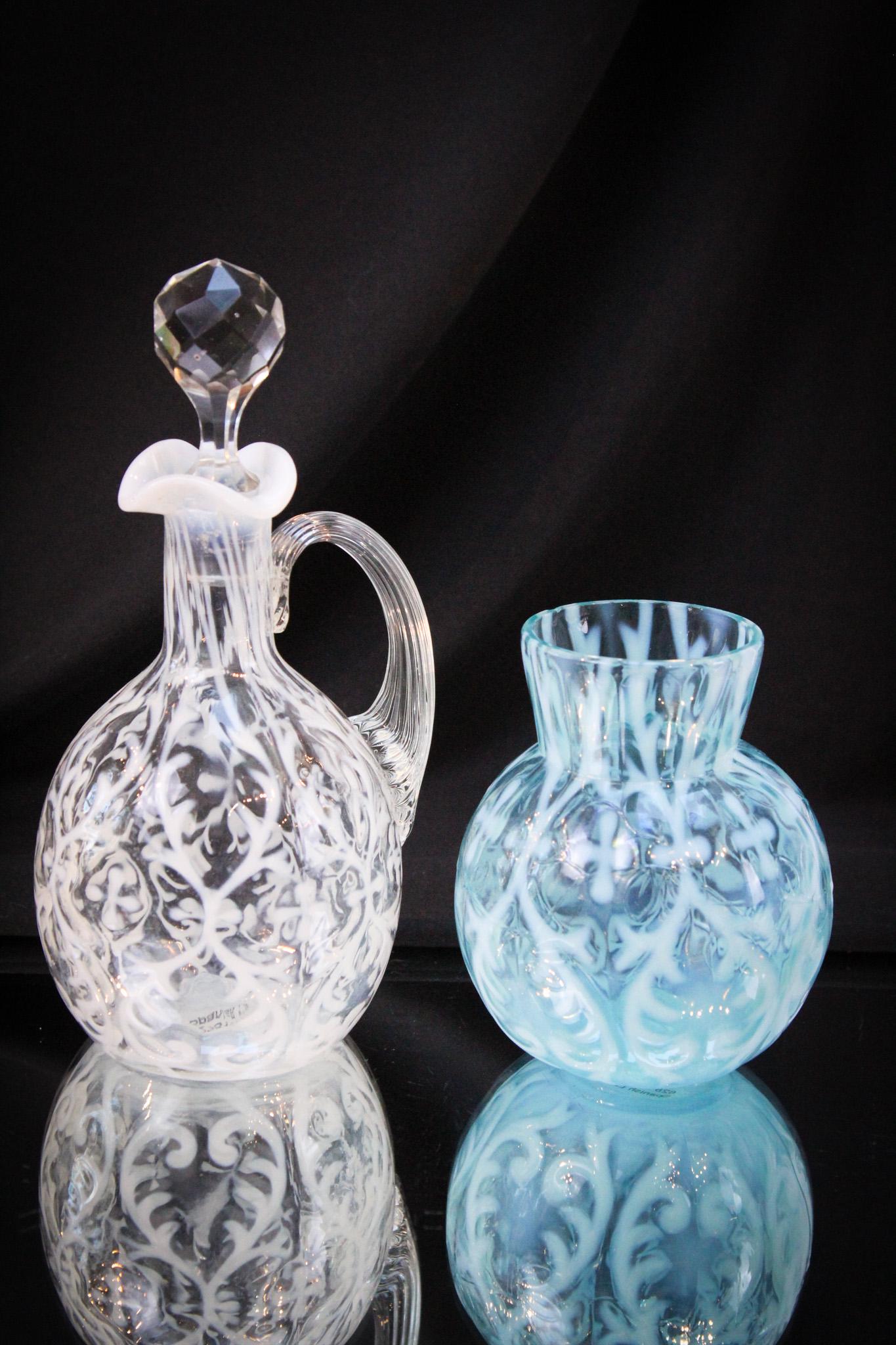 2 pc Lot Northwood Spanish Lace Cruet & Vase: Nice select pairing of a crystal opalescent Spanish Lace cruet and a blue opal posey vase. Both wonderful. Tallest measures 7 1/2".