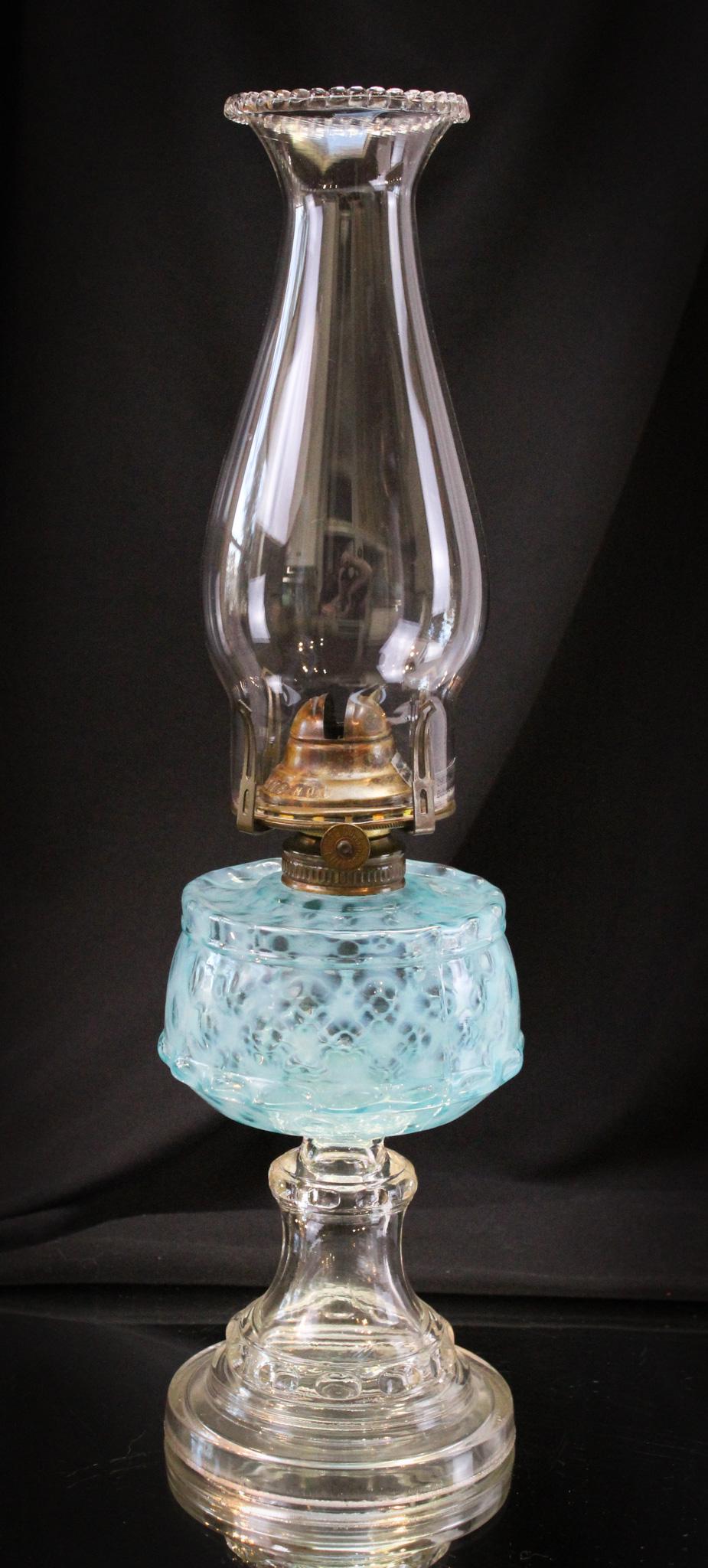 Blue Opalescent Bubble Latice Victorian Oil Lamp (1 of 9)