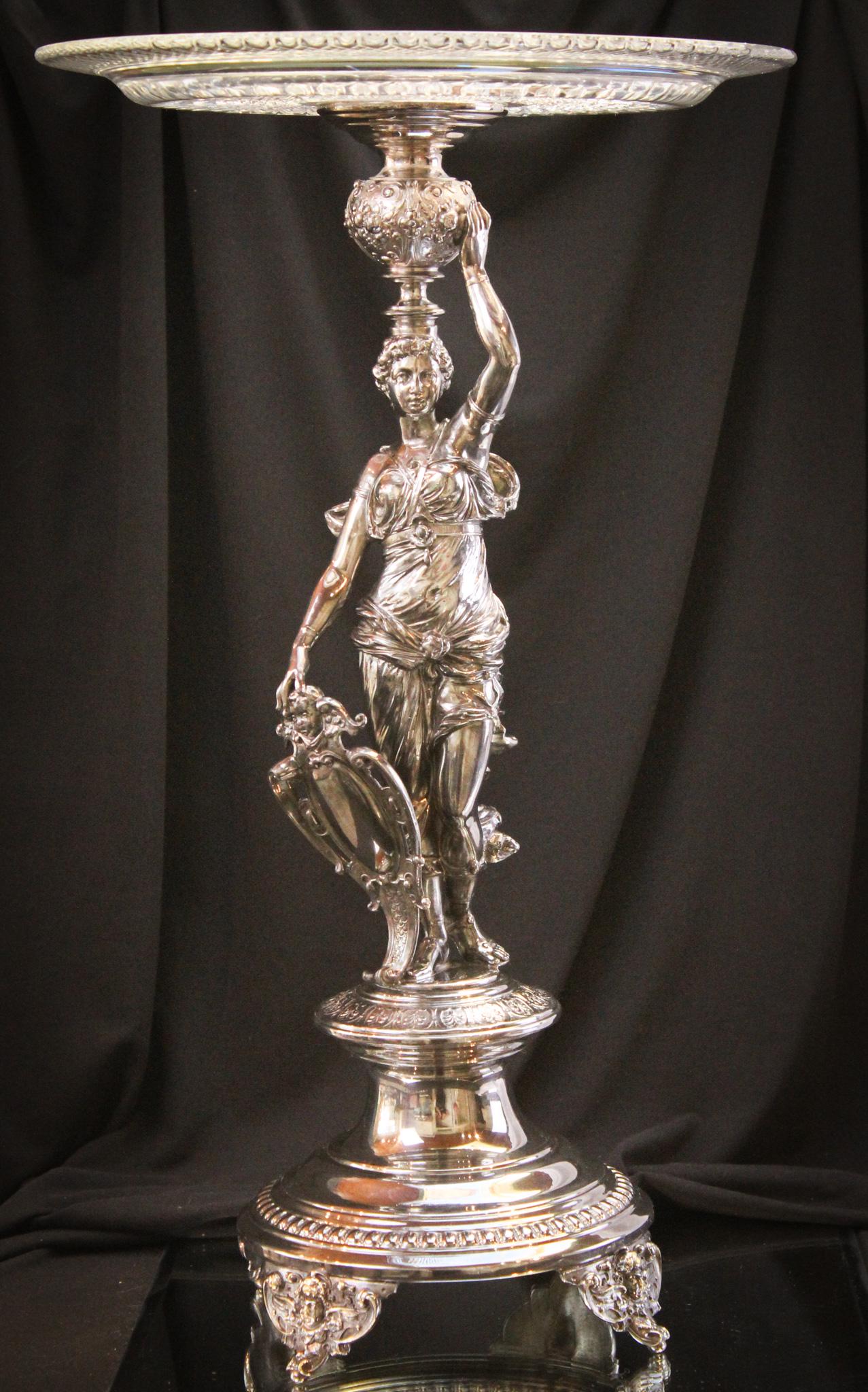 Huge 21" tall Silverplate Figural Tazza Cut Glass Centerpiece (1 of 14)