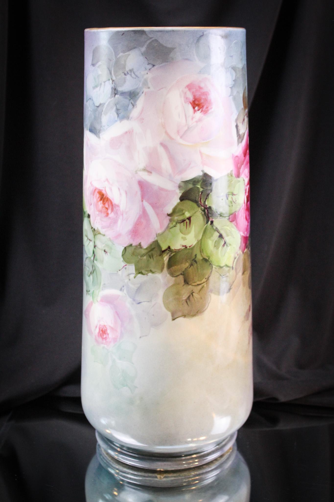 D & Co France Hand Painted 14" Garden Roses in Bloom Cylinder Vase (1 of 8)