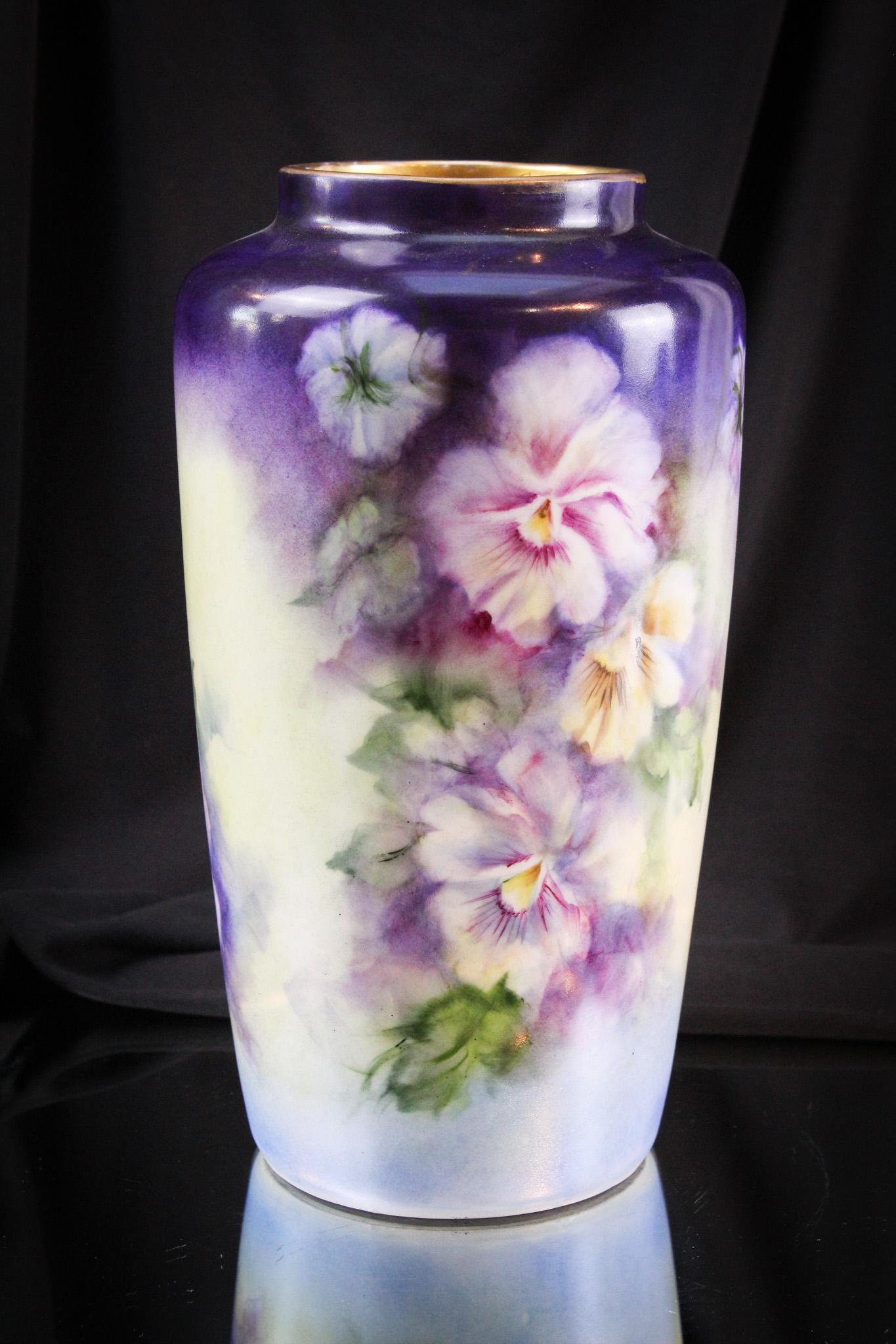 Purple Hand Painted Pansies German Porcelain 12" Vase Artist Signed (1 of 8)
