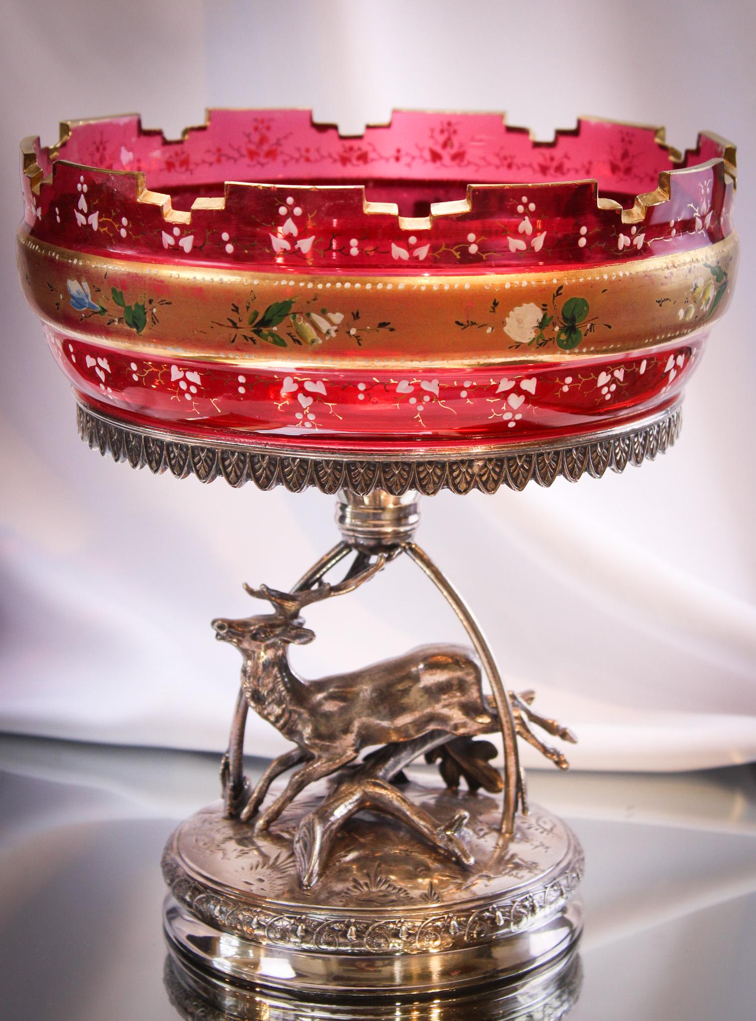 Cranberry Gilt Moser Glass Middletown Silverplate Stag Brides Basket (1 of 14)
