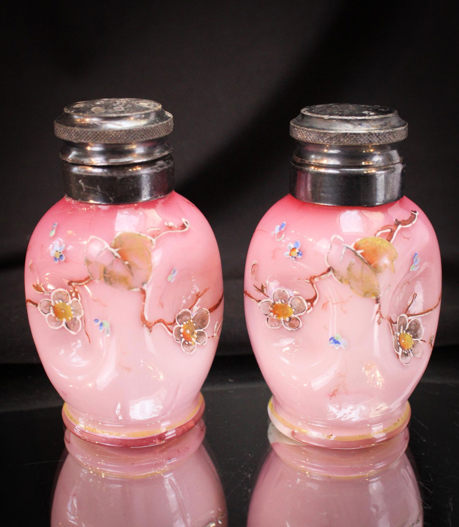 Rare Peachblow Cased Glass Pinch Sided Enameled Victorian Salt Shakers (1 of 6)