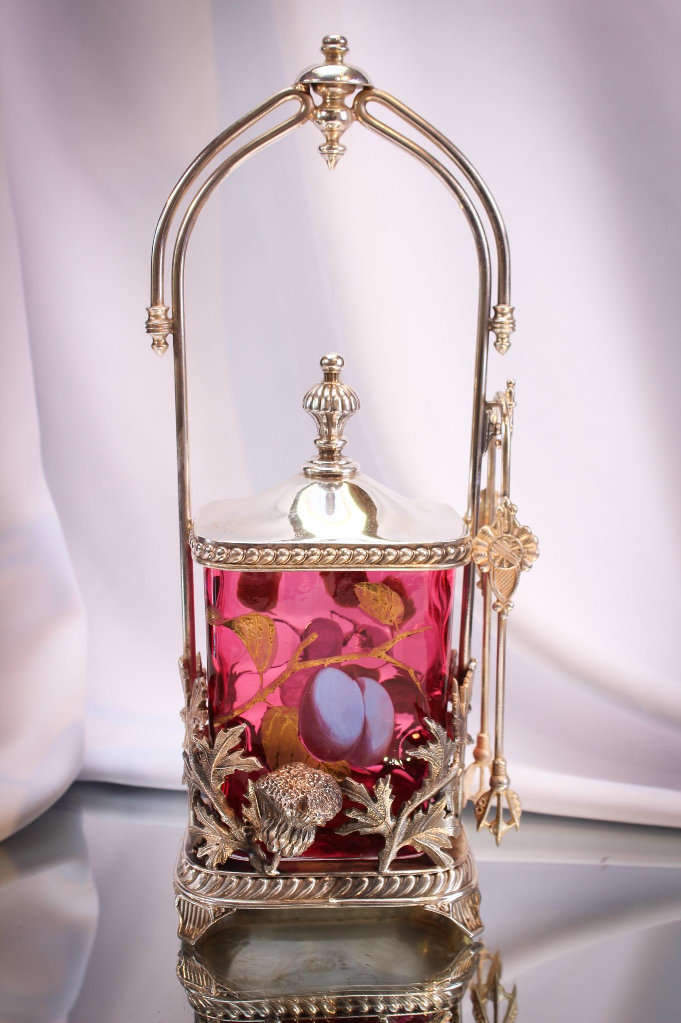 Rare Cranberry Enameled Wilcox Silverplate Thistle Rectangular Pickle Castor (1 of 11)