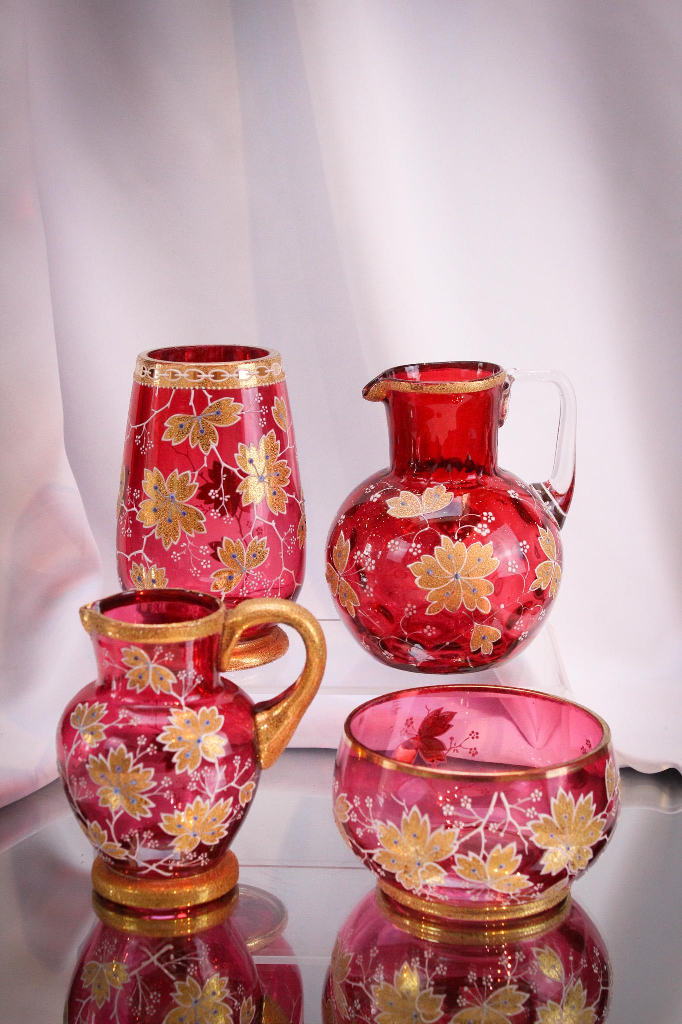 4 pc Lot Cranberry Bohemian Gilt Coralene Glass (1 of 17)