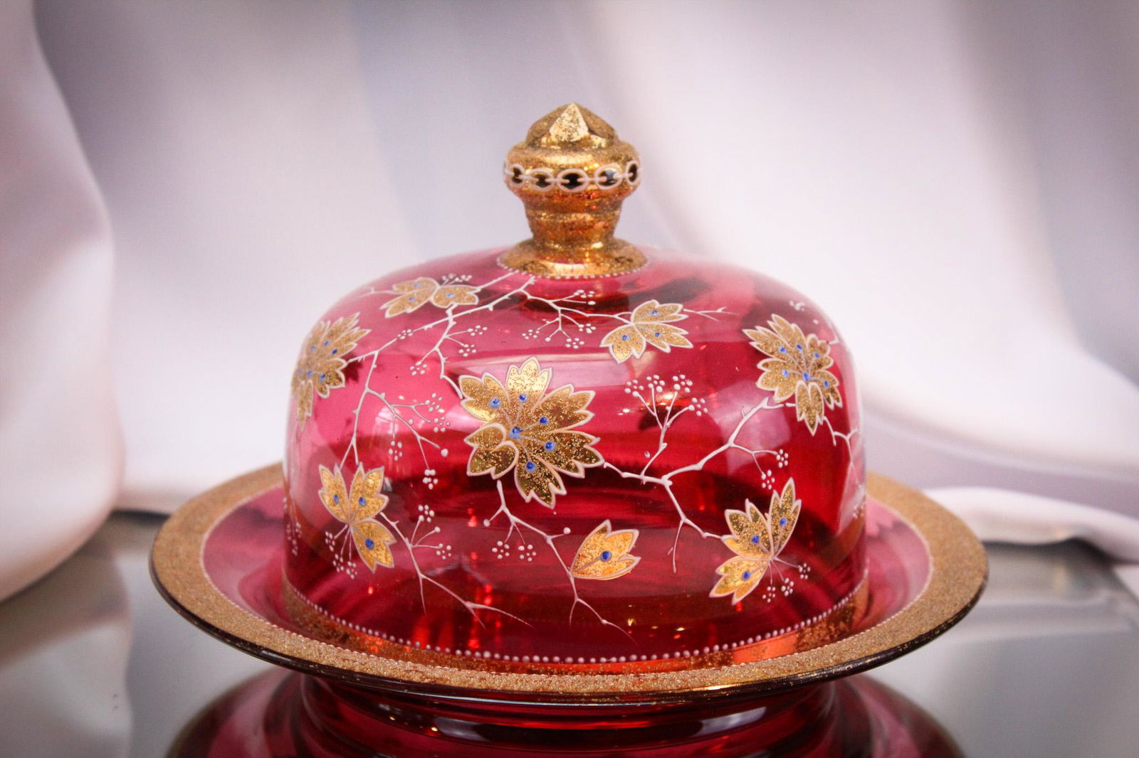 Bohemain Cranberry Gilt Coralene Covered Cheese Dish (1 of 14)