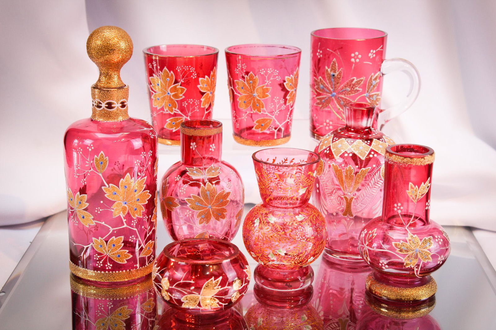 Mother Magnum's Hand Selected 9 pc Lot Cranberry Golt Bohemian Glass (1 of 12)