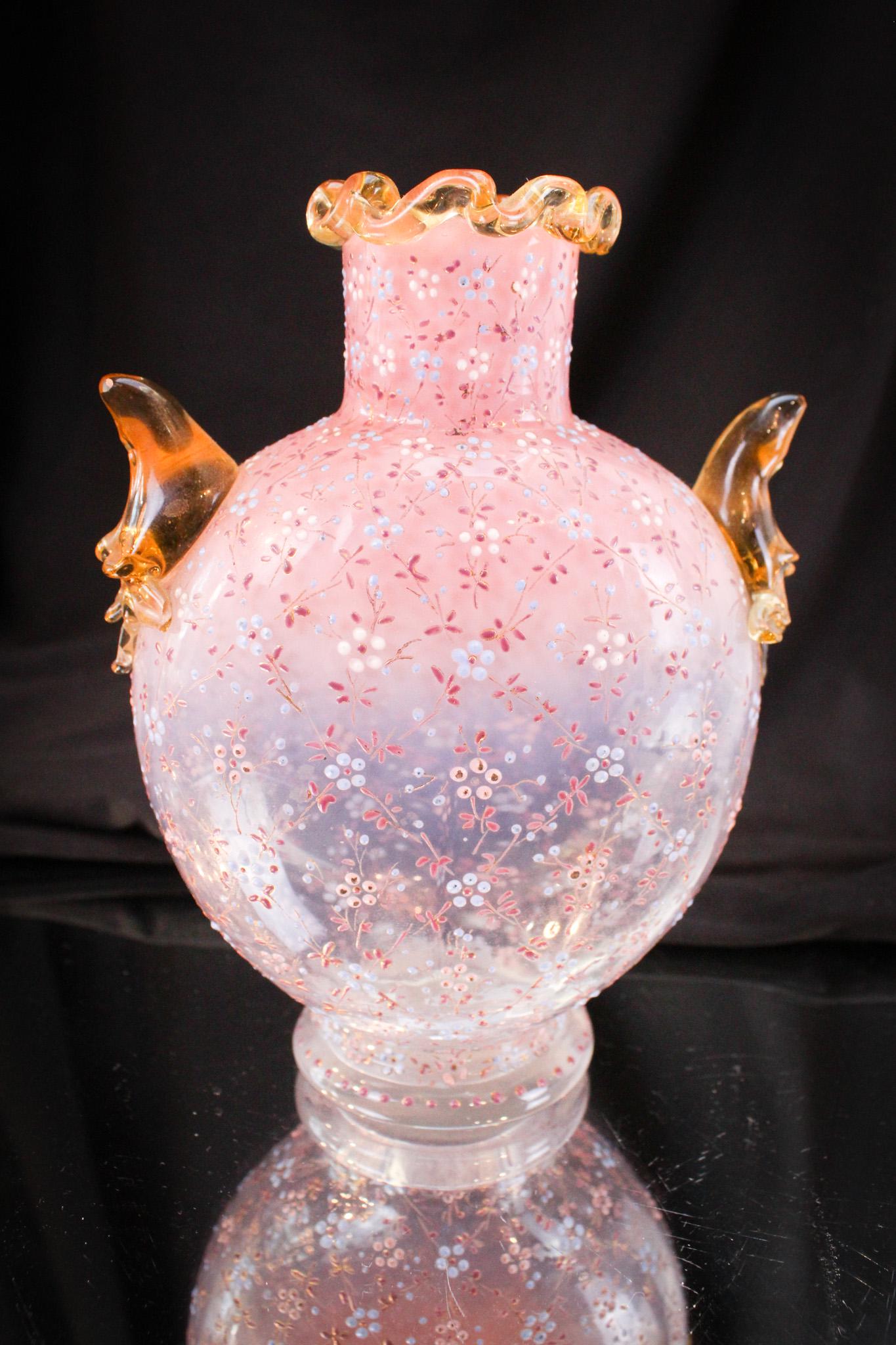 Moser Pink Opalescent Pillow Vase: Fabulous and pretty in pink is this Moser attributed pillow vase with abundant floral decoration. It measures a staggering 6" tall so diminutive in size. The addition of amber applied handles just enh