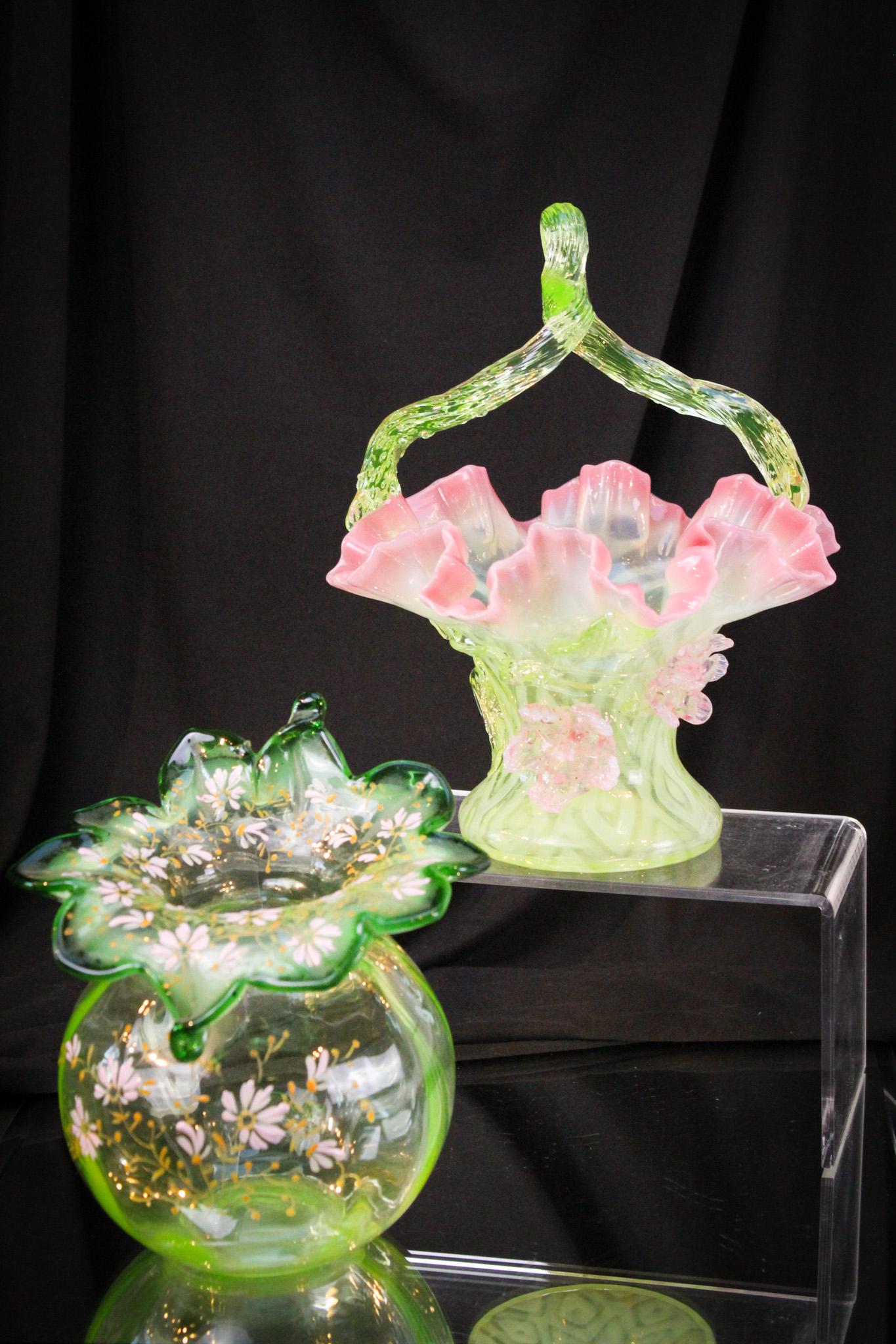 2 pc Lot Victorian Vaseline Opalescent Basket & Rosebowl (1 of 11)