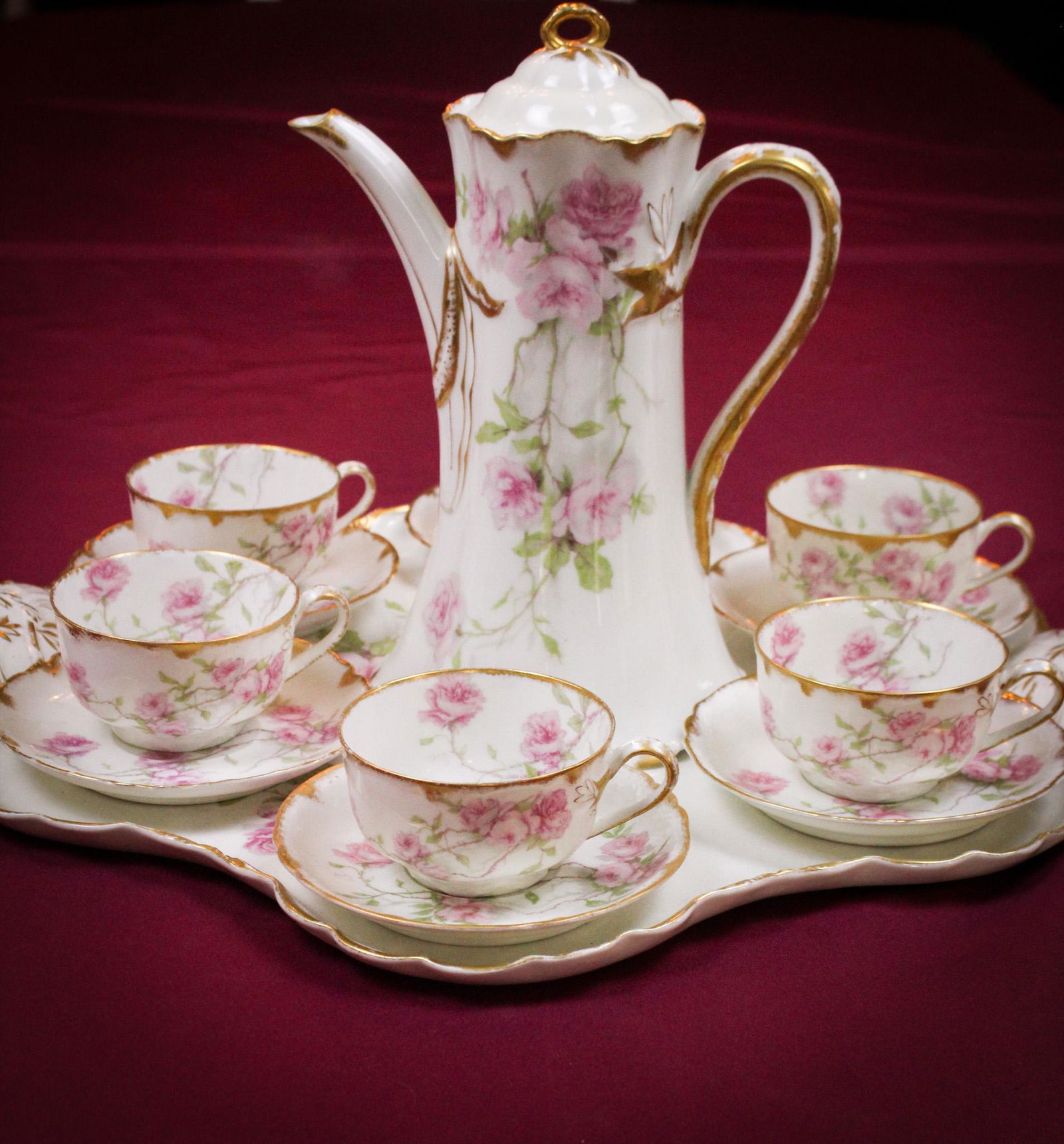 Rare Pink Haviland Limoges "Baltimore Rose" China Chocolate Set with Tray (1 of 20)