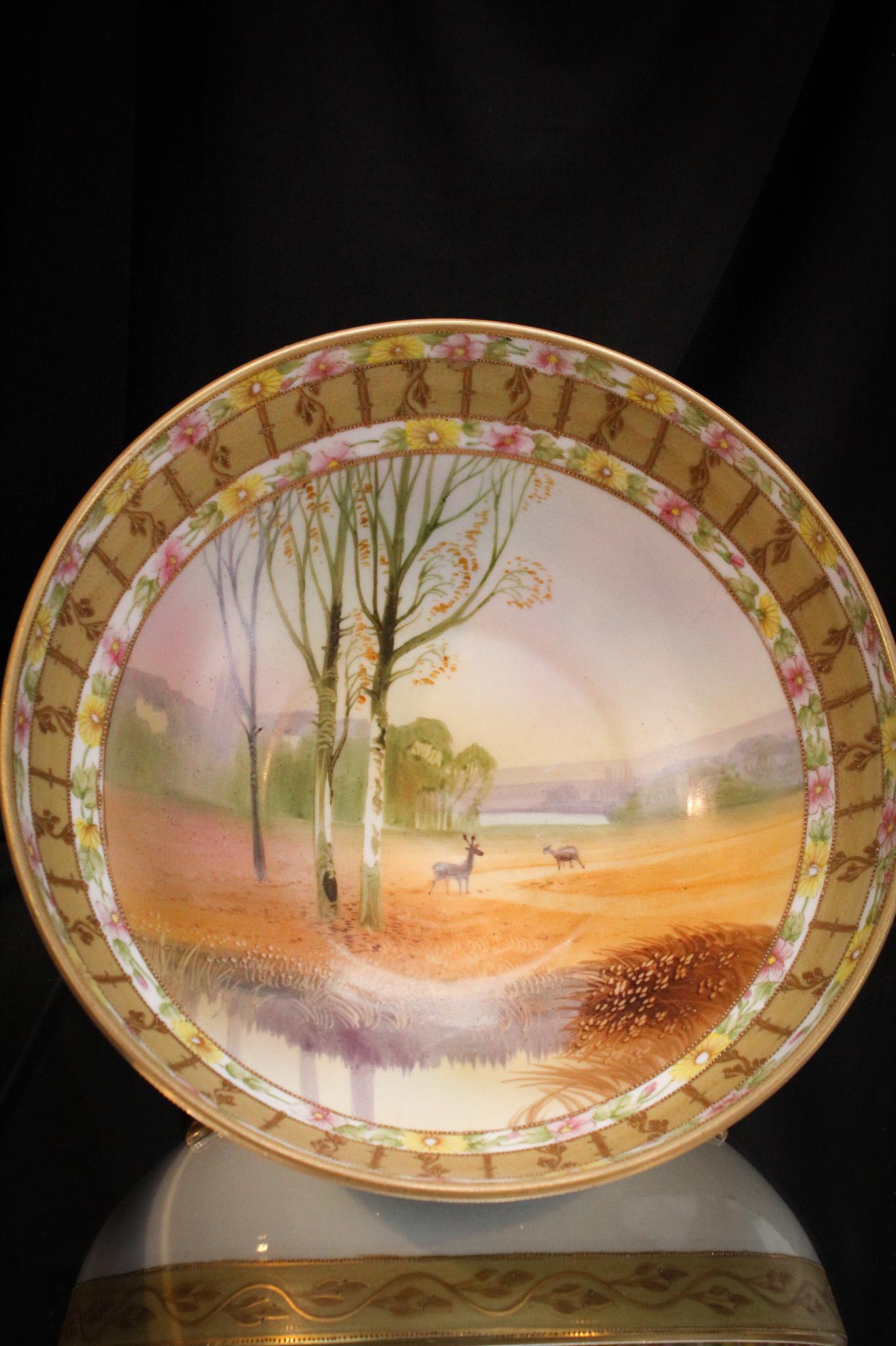 Nippon 11" Deer Scenic Large Bowl: Beautiful museum piece of Nippon. Lovely deer scenic decoration. It measures 5 1/4" tall, 11" diameter