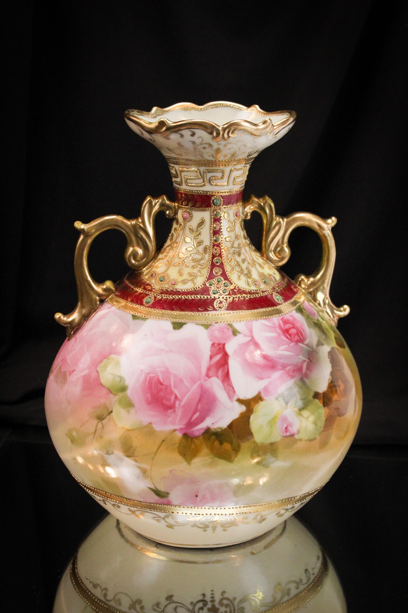 Nippon Roses Decorated Jeweled Handled Vase (1 of 8)