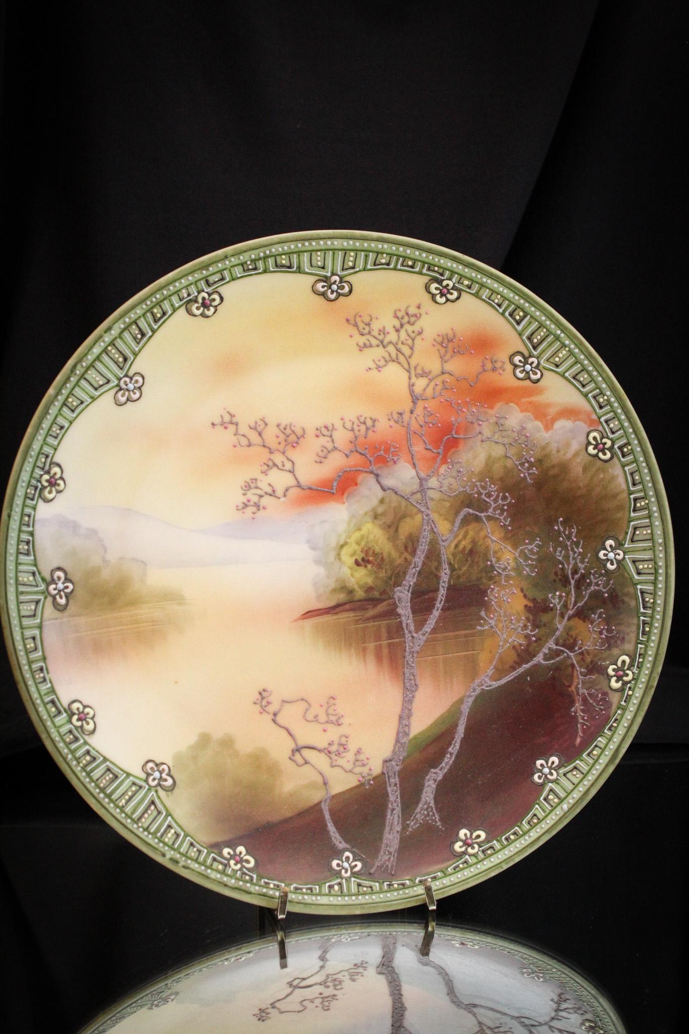 Nippon Moriage "Galle" Pattern Plate: Beautiful example of Nippon Moriage decoration Galle pattern. It measures 10" in diameter. Highly desirable piece, folks.