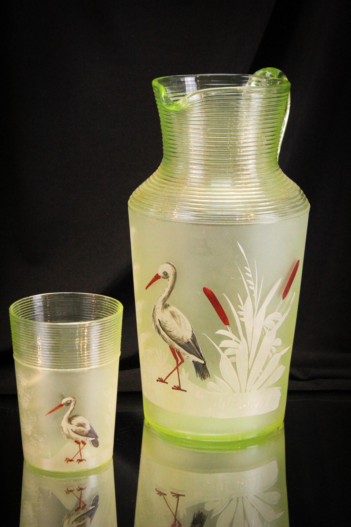 2 pc Lot Victorian Enameled Vaseline Threaded Stork Pitcher & Tumbler (1 of 10)