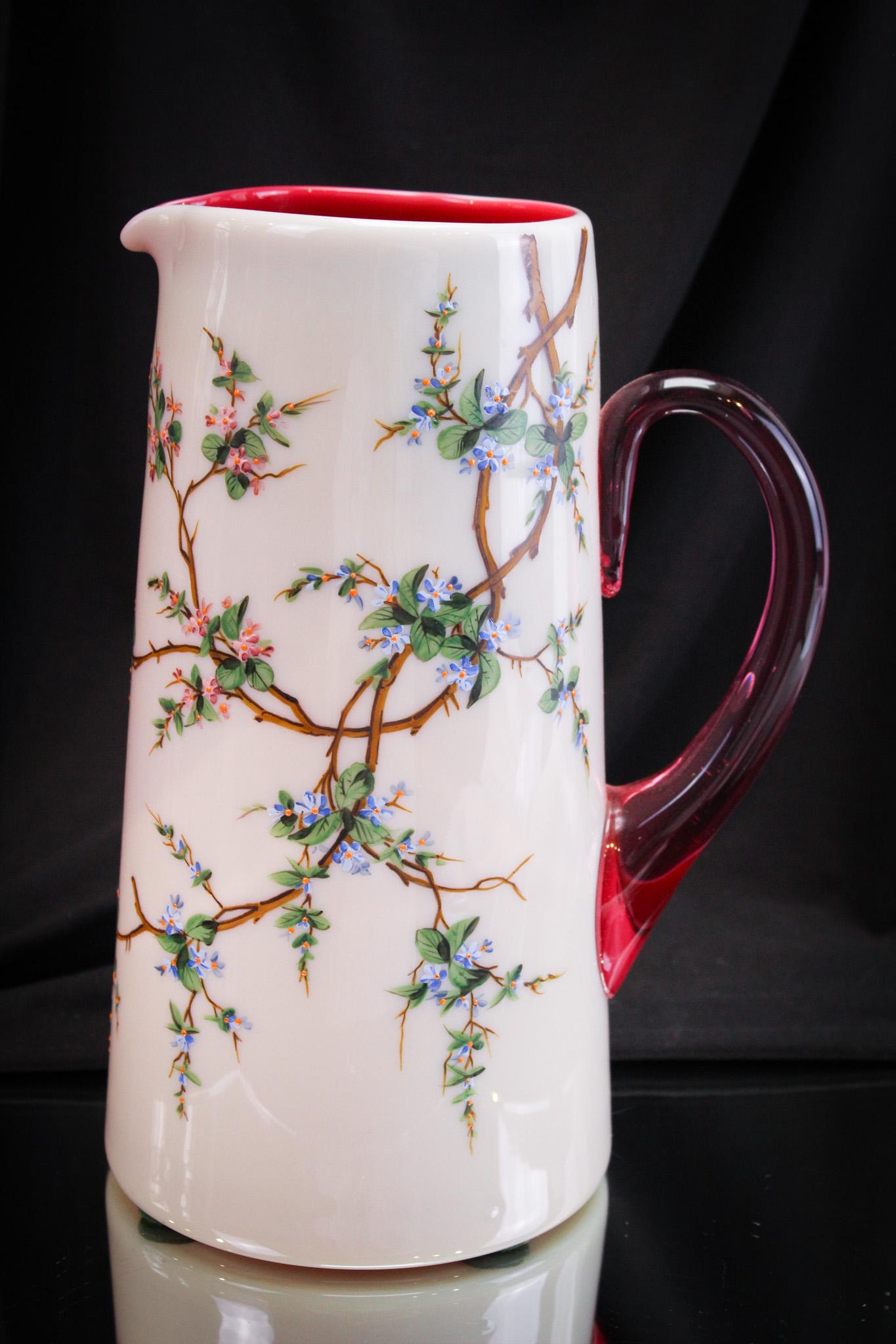 Victorian Enameled Cased Glass Tankard Pink Water Pitcher (1 of 6)