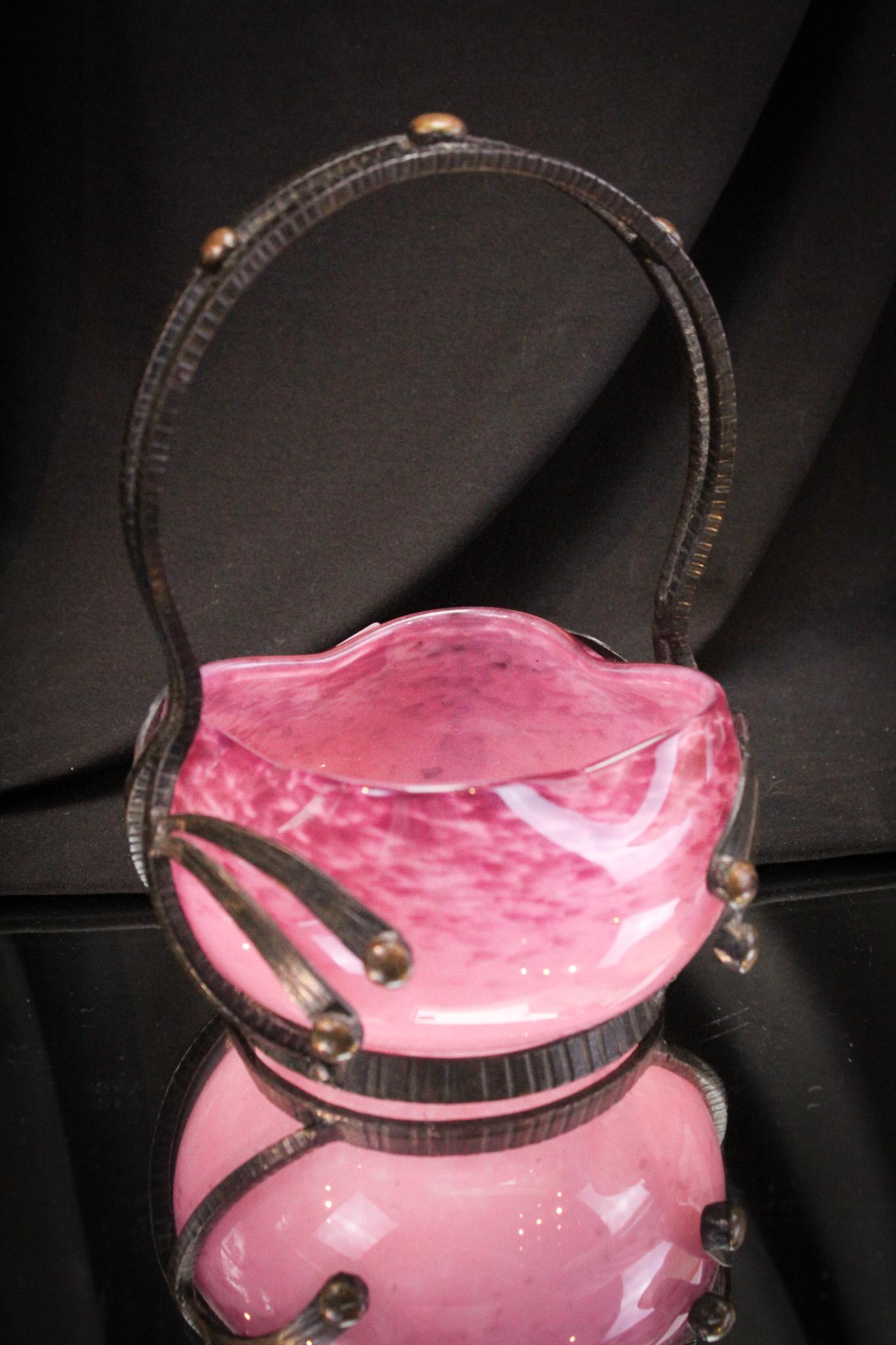 Schneider Style French Lavender Mottled Art Glass: Nice attributed to Schneider lavender French mottled glass basket in metal frame. Unsigned. Measures 8" tall.
