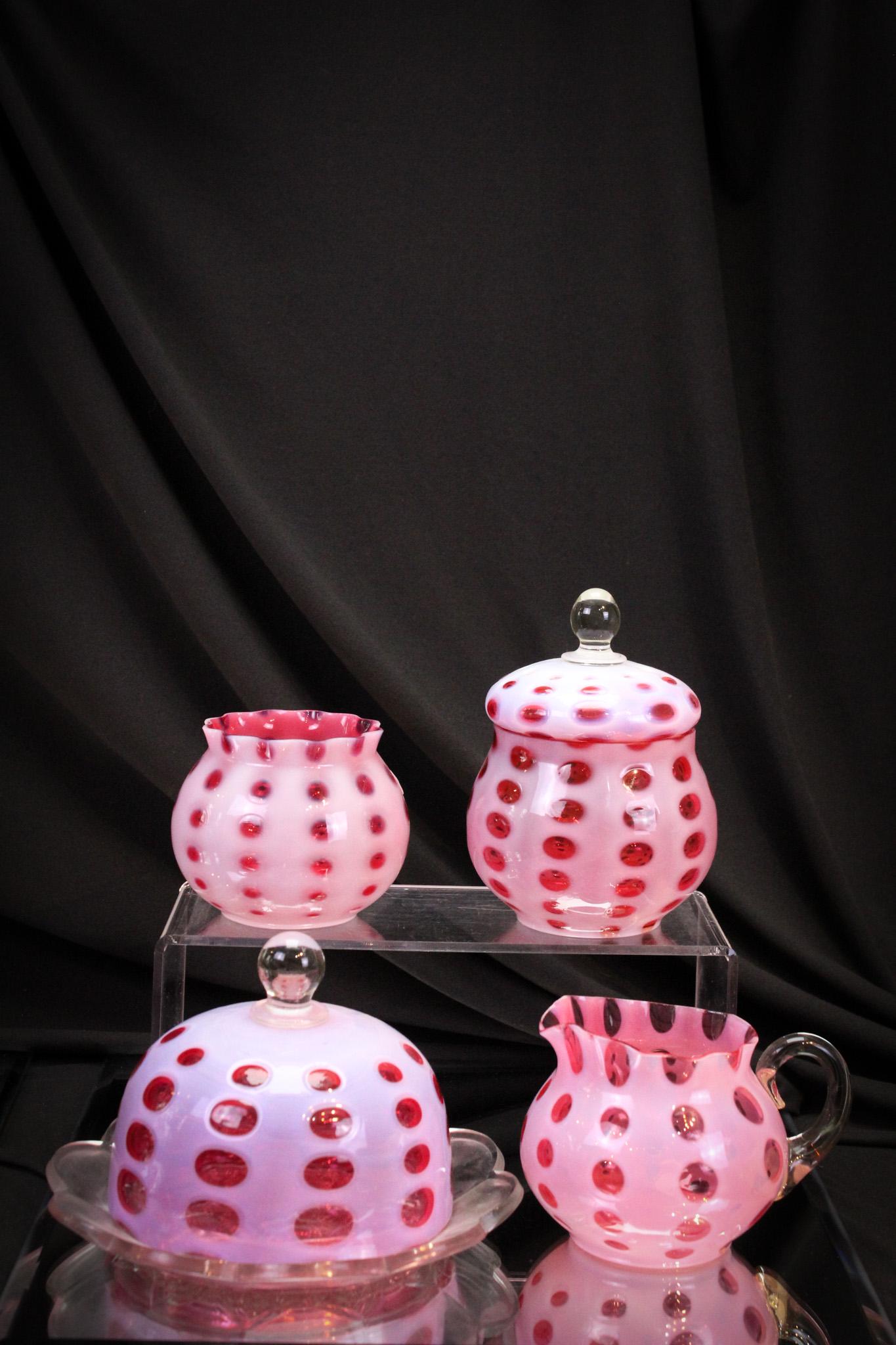 Victorian Cranberry Opalescent Polk Dot Table Set: Seldom found complete table set in cranberry opalescent Polka Dot pattern. How super is it to find this set? Tallest measures 6".