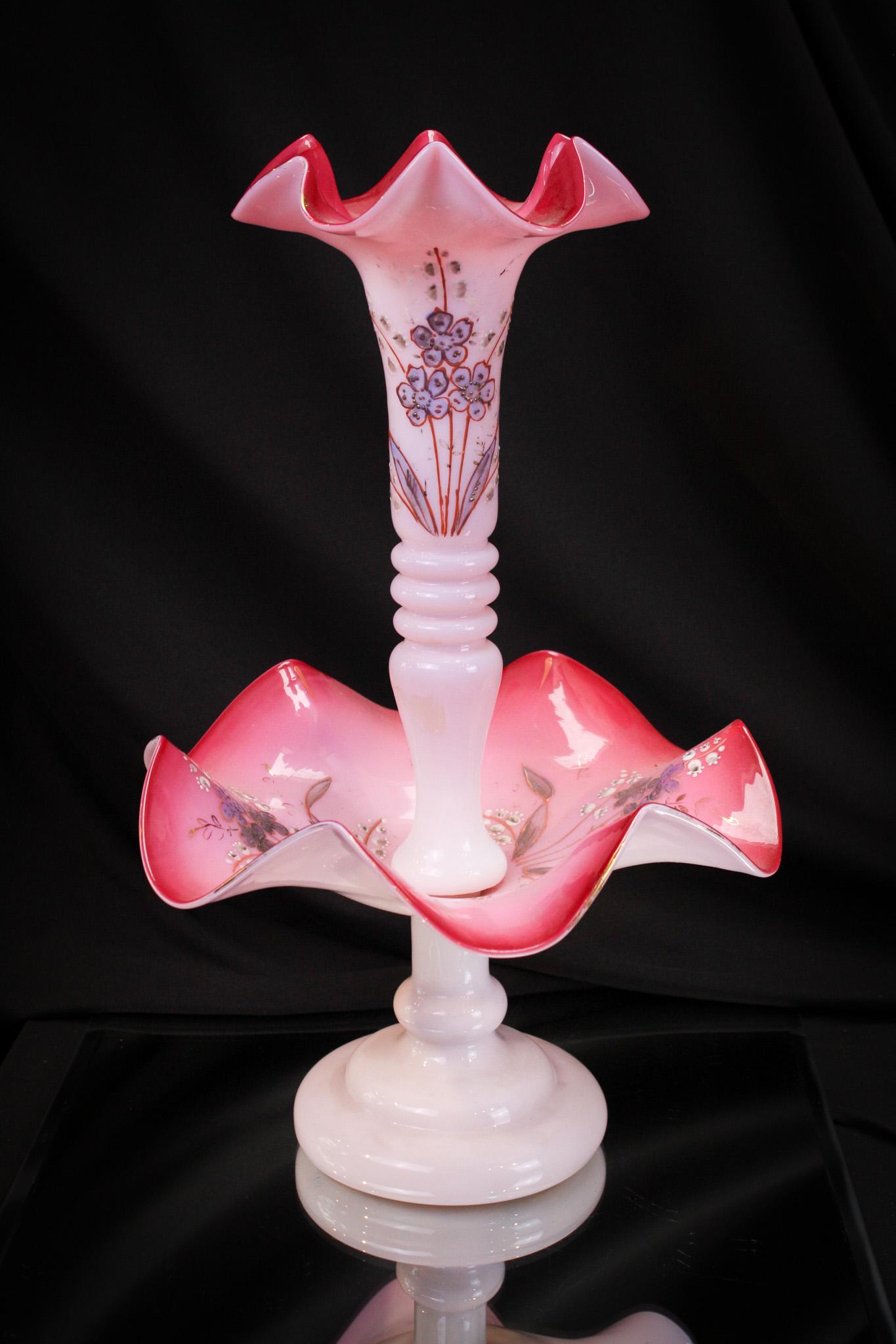 Victorian Peachblow Epergne Tazza: What a lovely and so Victorian enameled tazza epergne. Piece is delicately enameled with masterful yet, decoration. Color is faint shaded pink of the most divisive nature. Would be the crowning touch 