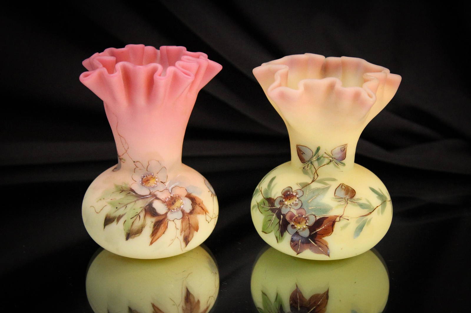 Unique Pr. b Decorated Burmese Glass Vases Auction