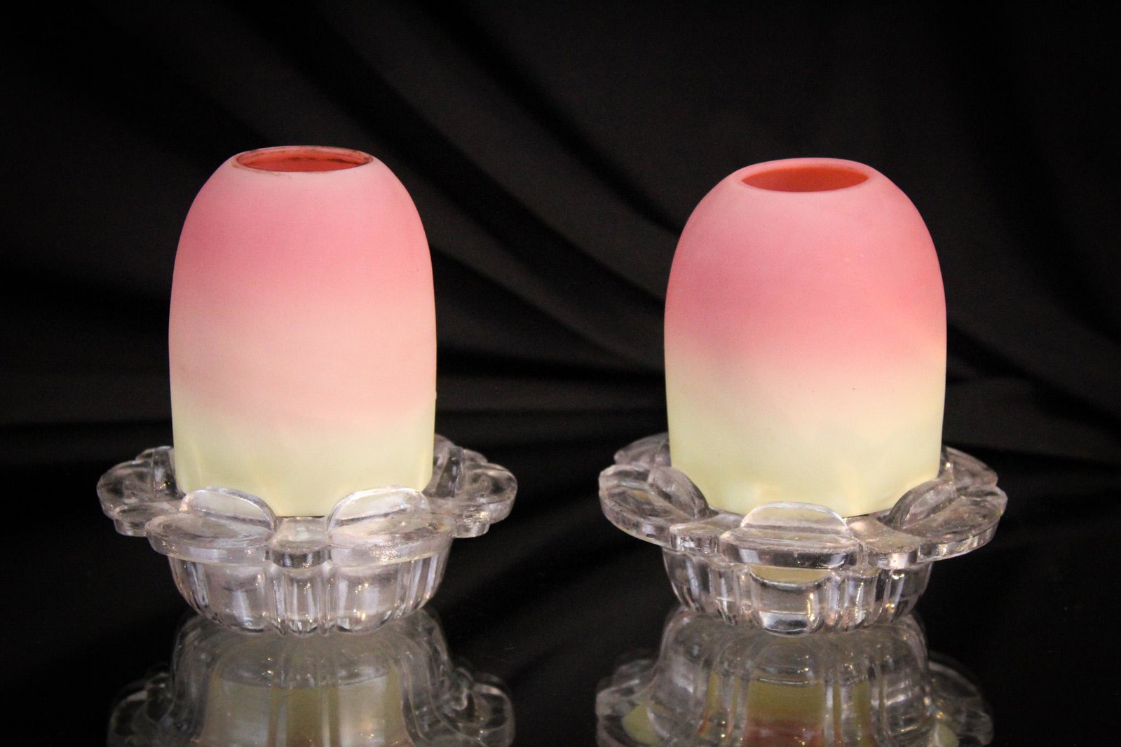 Pr. Webb Burmese Victorian Fairy Lamps: Select offering here folks of two Webb burmese glass fairy lamps. Shades are burmese glass. Each base is clear and marked "Arcadian Light". Nice examples and so desirable!