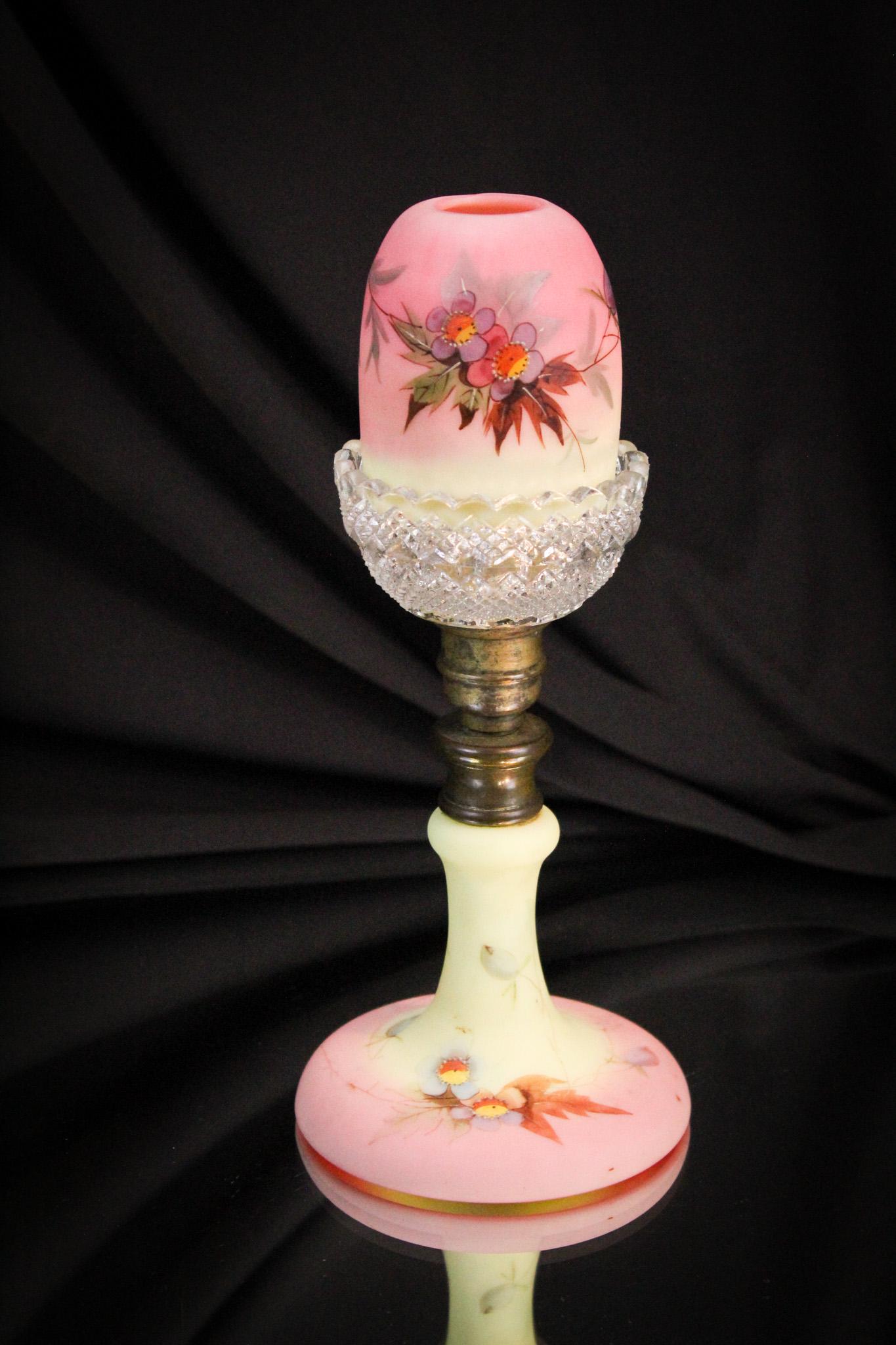 Webb Burmese Glass Floral Decorated Fairy Lamp: Striking example of a Victorian Webb burmese glass decorated shade and base fairy lamp. Exquisite piece, folks. You may not see another in a good long time. It stands 7 1/2" tall.