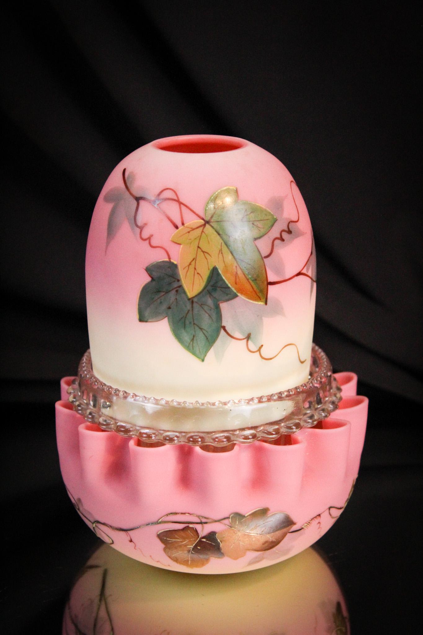 Webb Burmese Victorian Glass Fairy Lamp: Gorgeous Webb burmese glass ivy decorated shade and base fairy lamp. Insert has an illegible impressed mark. A team player here ladies, gentlemen, and those undecided!