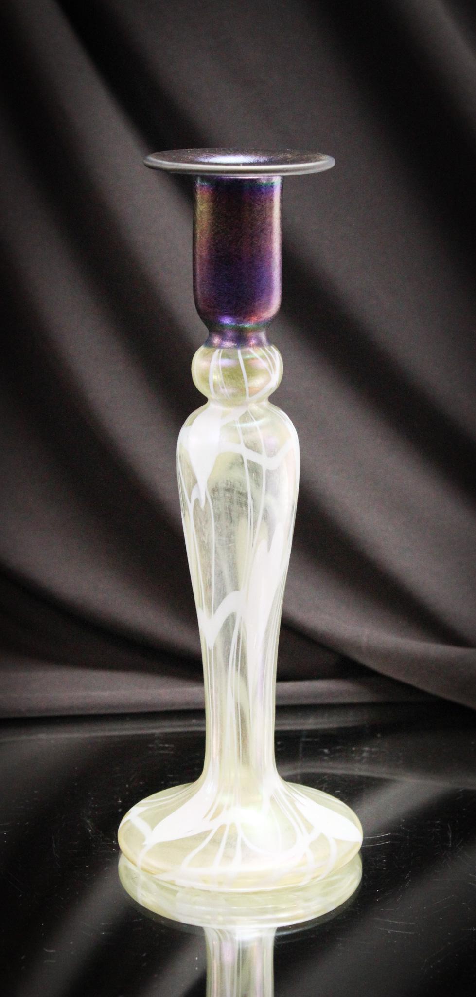 Imperial Art Glass Free Hand Heart & Vine Candlestick: Striking piece of Imperial Free Hand art glass with heart and vine motif, cobalt candle cup and white dÃ©cor. Candlestick retains the original paper label. It measures 10" tall.