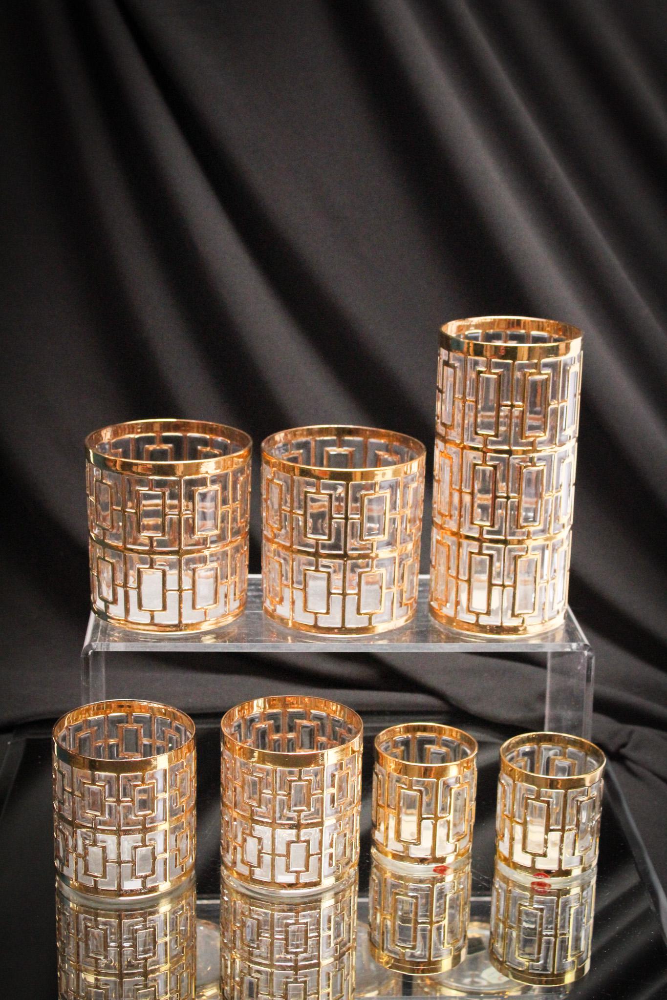 7 pc Lot Imperial Glass Shoji MCM Hollywood Regency Fantasia: Lovely assorted lot of Imperial glass Shoji pattern. Use one for each day of the week if you live alone.