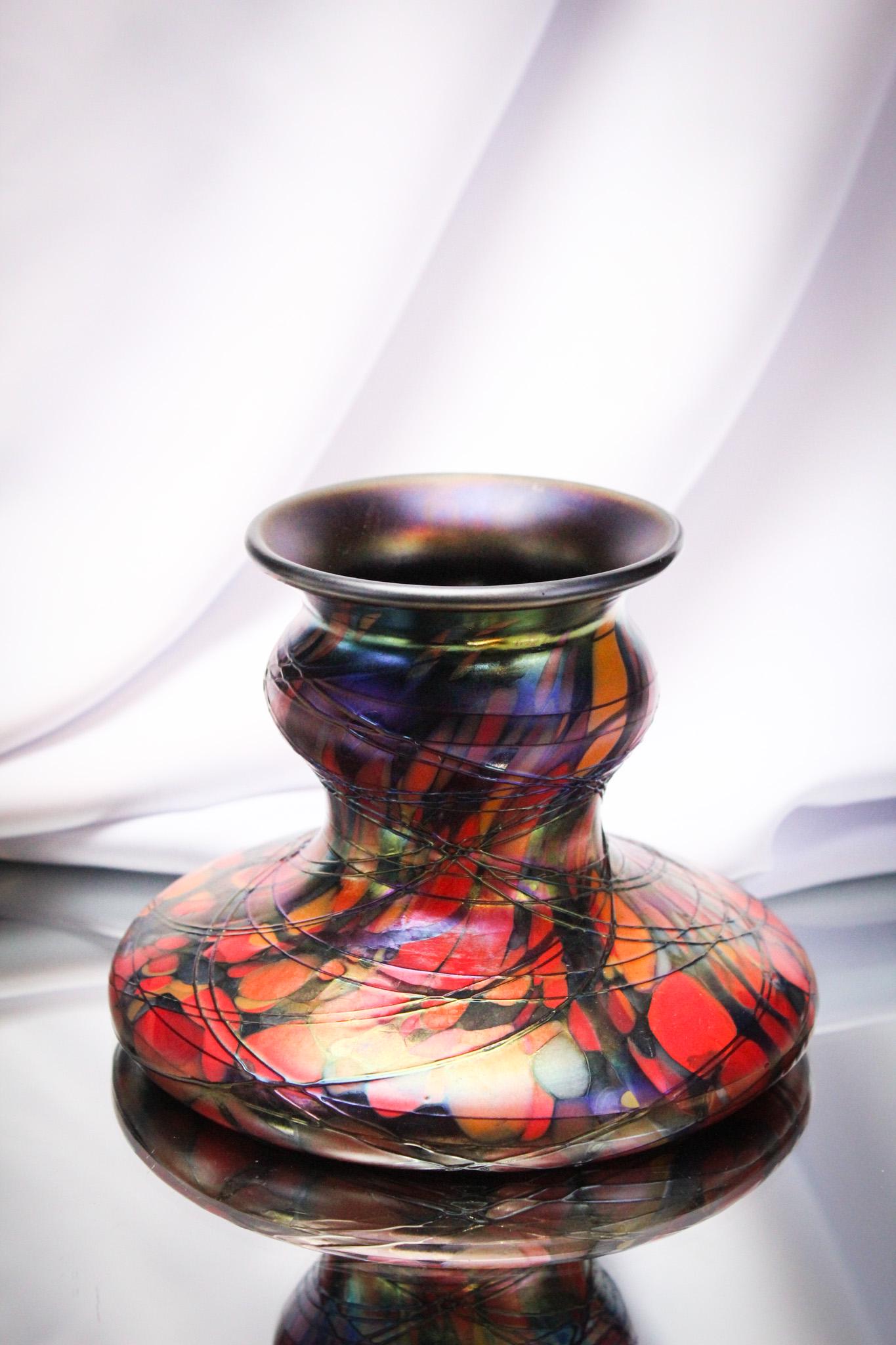 Rare Fenton Mosaic Threaded Vase: Fantastic example of Fenton Mosaic glass with threading. A fine example with great coloring and excellent threading. It stands 4 3/4" tall.