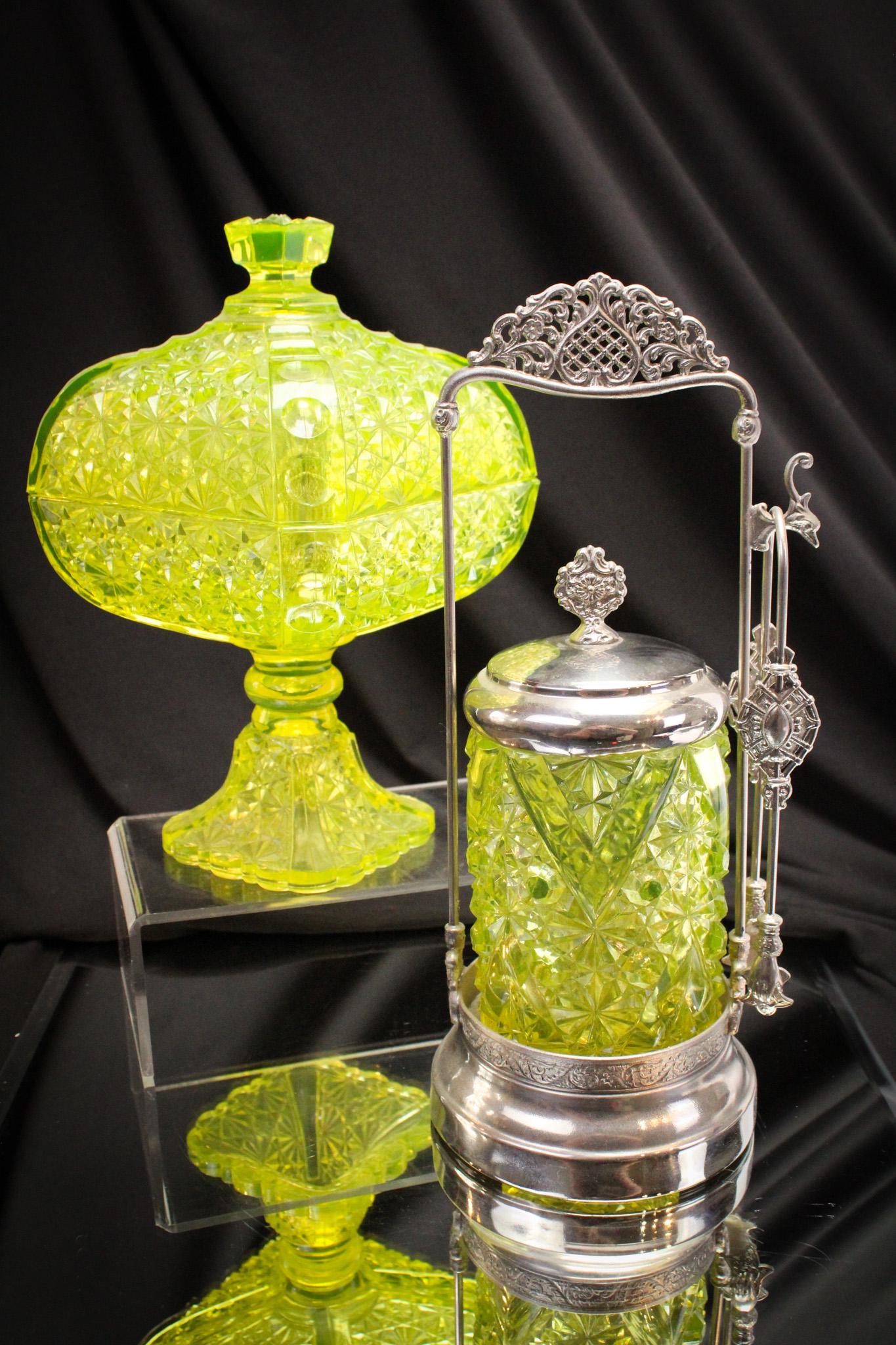 2 pc Lot Vaseline Glass Compote & Pickle Castor: Striking vaseline glass is always a favorite among the collectors. This lot will be no different. Over-the-top wonderful vaseline castor in signed Imperial Silverplate frame. The other piece is a cove