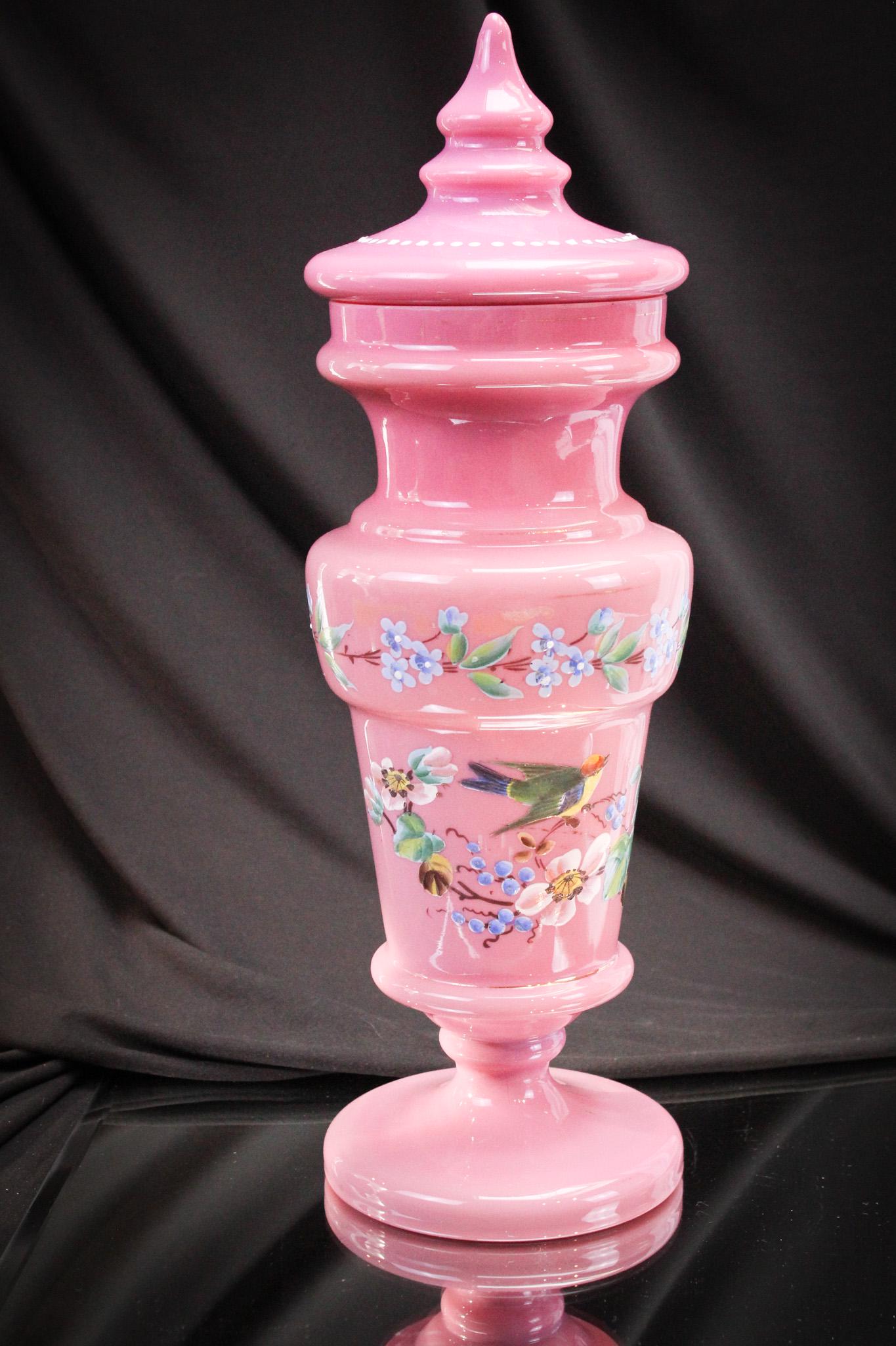 15" Victorian Cased Glass Temple Jar Enameled Mantle Urn: Huge 15" tall Victorian Cased glass enameled mantle urn. Lovely accent to any dÃ©cor. This piece stands tall at a whopping 15 1/4" high. Nice example.