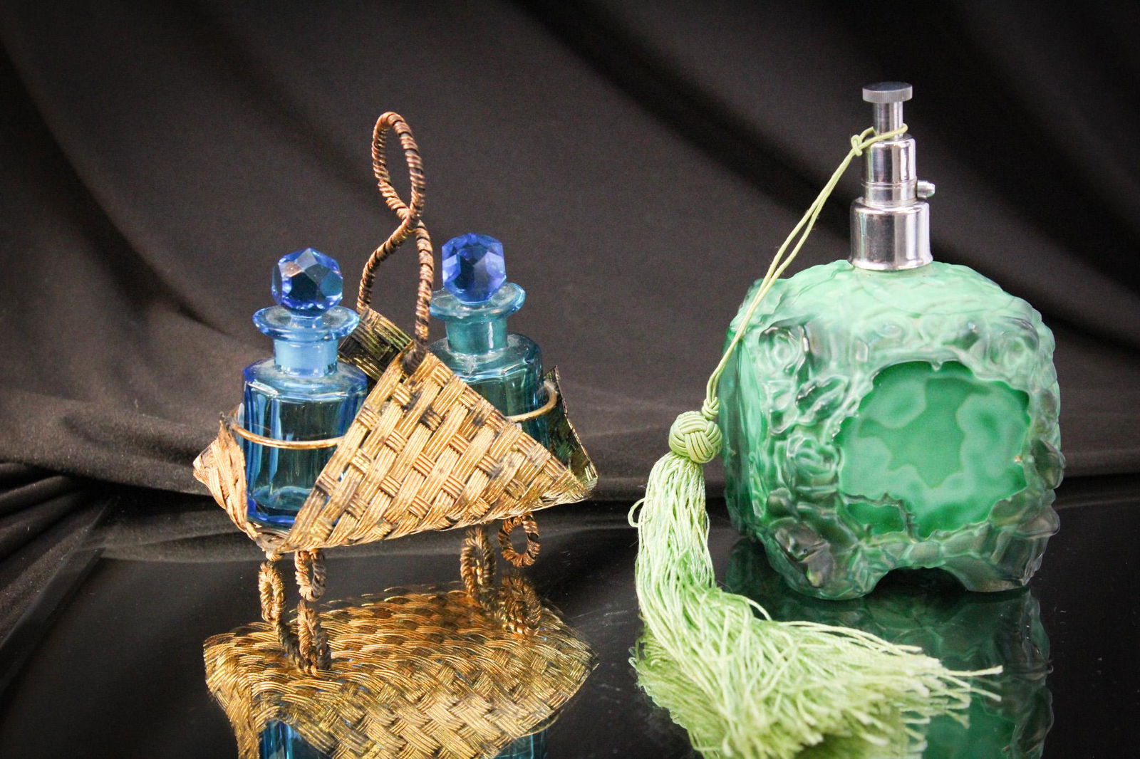 2 pc lot Malachite Art Glass Perfume Atomizer & More: Let the scents begin! In our first lot we are offering a Cech art glass perfume atomizer in malachite. We have paired this lovely with a pair of blue perfumes in brass frame. Nice offering! Tallest me