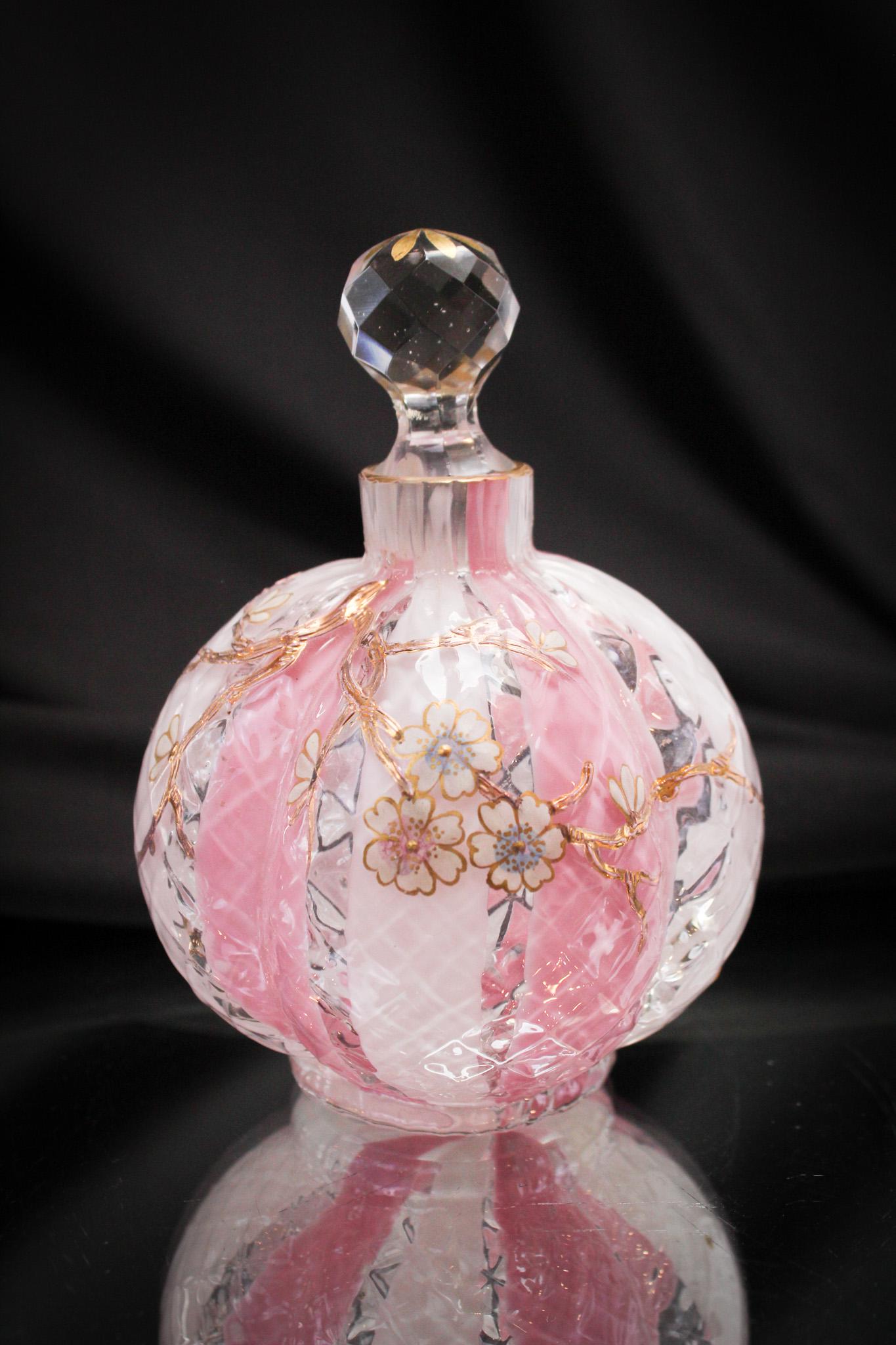 Victorian Pink Quilt Stripe Gilt Perfume Bottle: The delicate floral and gilt decoration on this perfume just enhance the overall beauty. The body is a pink and white ribbon stripe with diamond quilt pattern to the glass. It measures 4 1/2" tall.