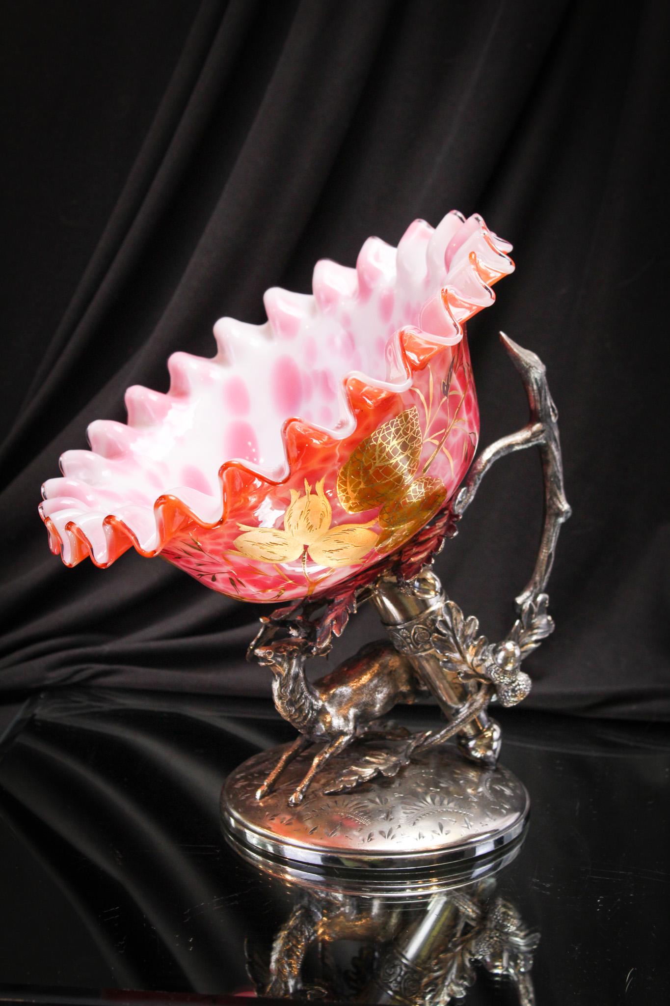 Middletown Victorian Silverplate Figural Stag Spatter Glass Brides Bowl: When Mother Magnum said to break open the vault of rarities, who knew this would be in there. Such a rare brides bowl and rare holder. Beautiful holder is signed Middletown silverplate. Holder feature