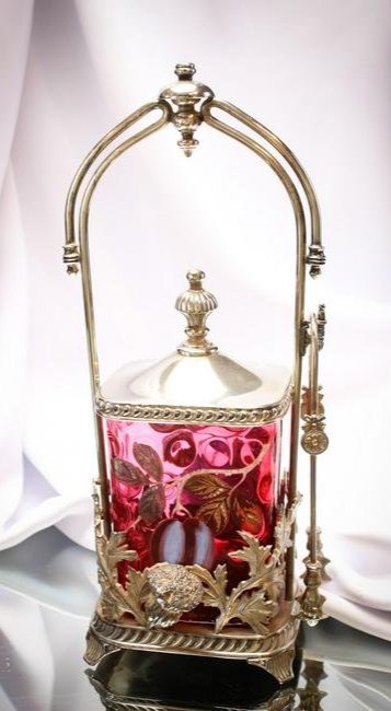 Very Rare Cranberry Rectangular Gilt & Enameled Figural Thistle Pickle Castor: How long has our Grand Old Dame been packing these rarities in the vault? We think she is squirreling the great consignors items away at night when the rest of the help is gone. This phenomenal castor