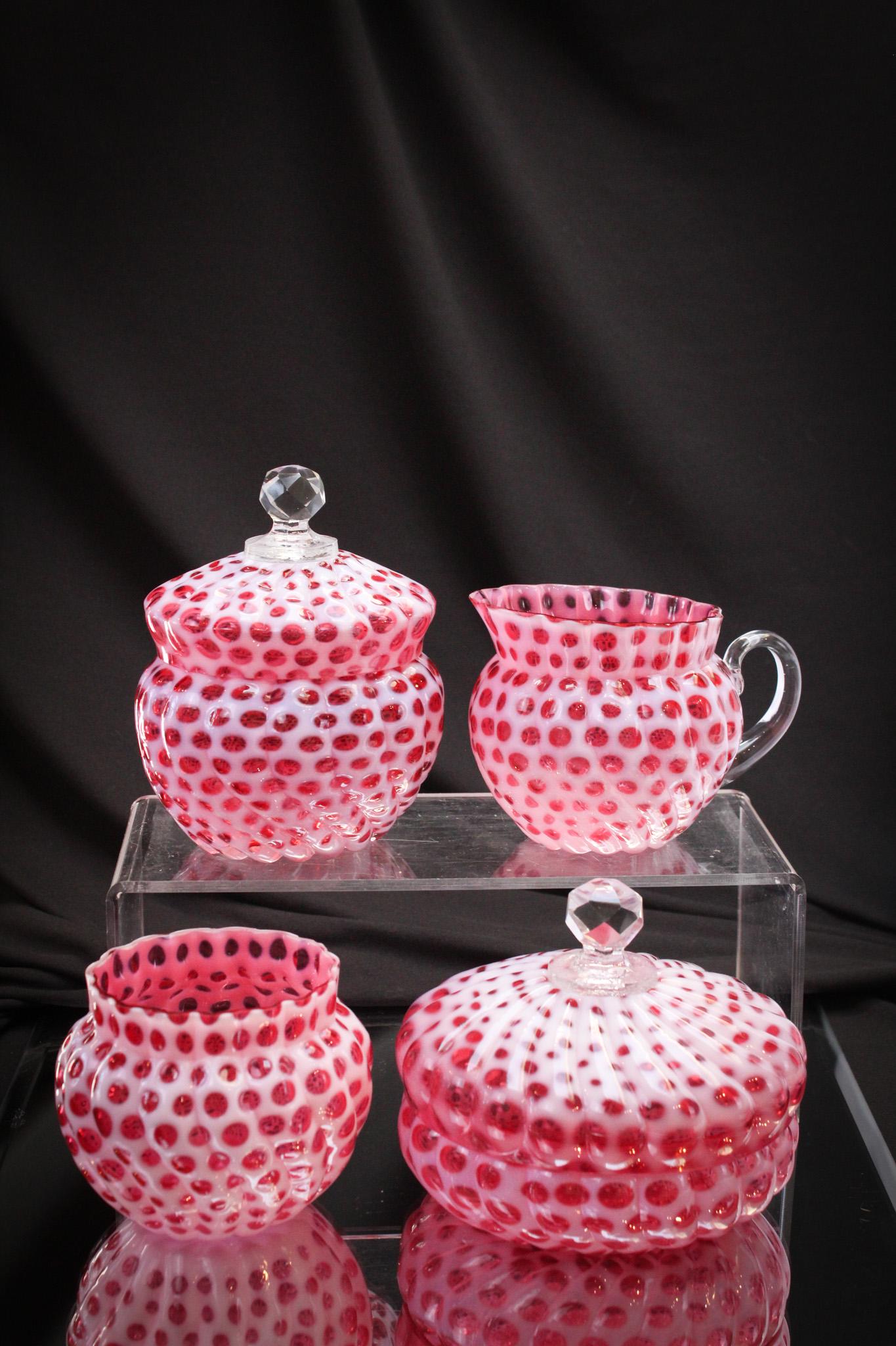 Rare Windows Swirled Cranberry Opalescent Table Set: Great offering of a beautiful Victorian Hobb's Windows Swirled table set. Set is complete. Tallest measures 5 1/2".