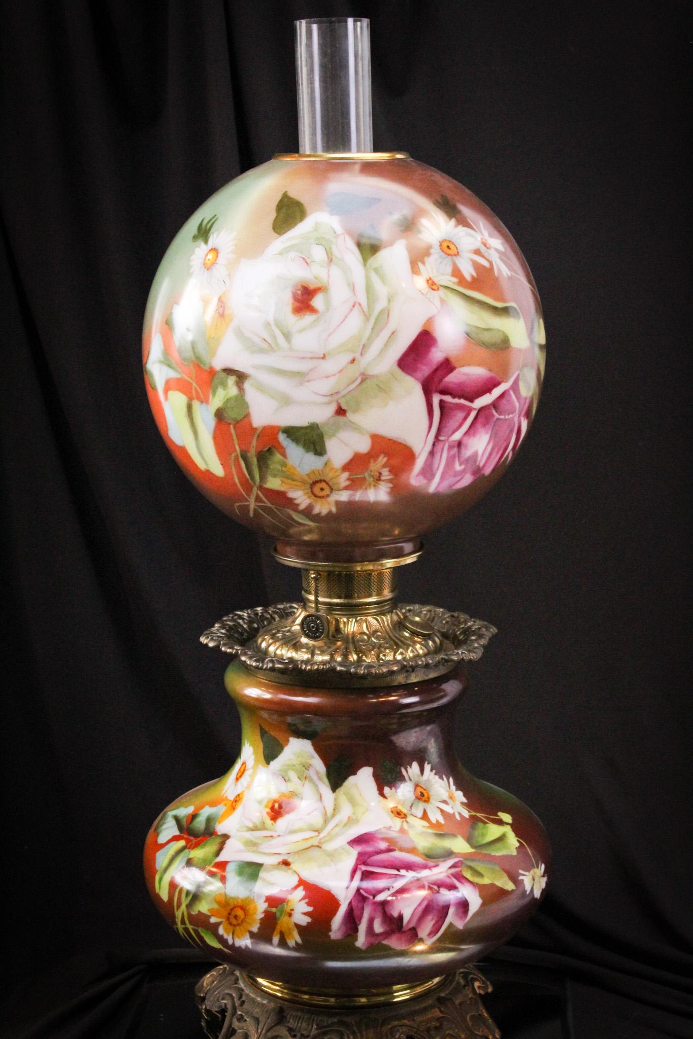 Big Cabbage Roses Gone with the Wind Parlor Lamp: The lamp is so showy. The brilliant eye-catching dÃ©cor makes you want to walk right up and sniff the big beautiful blooms on the shade and base. Ornate hardware. Only the best here at Magnum Auctio