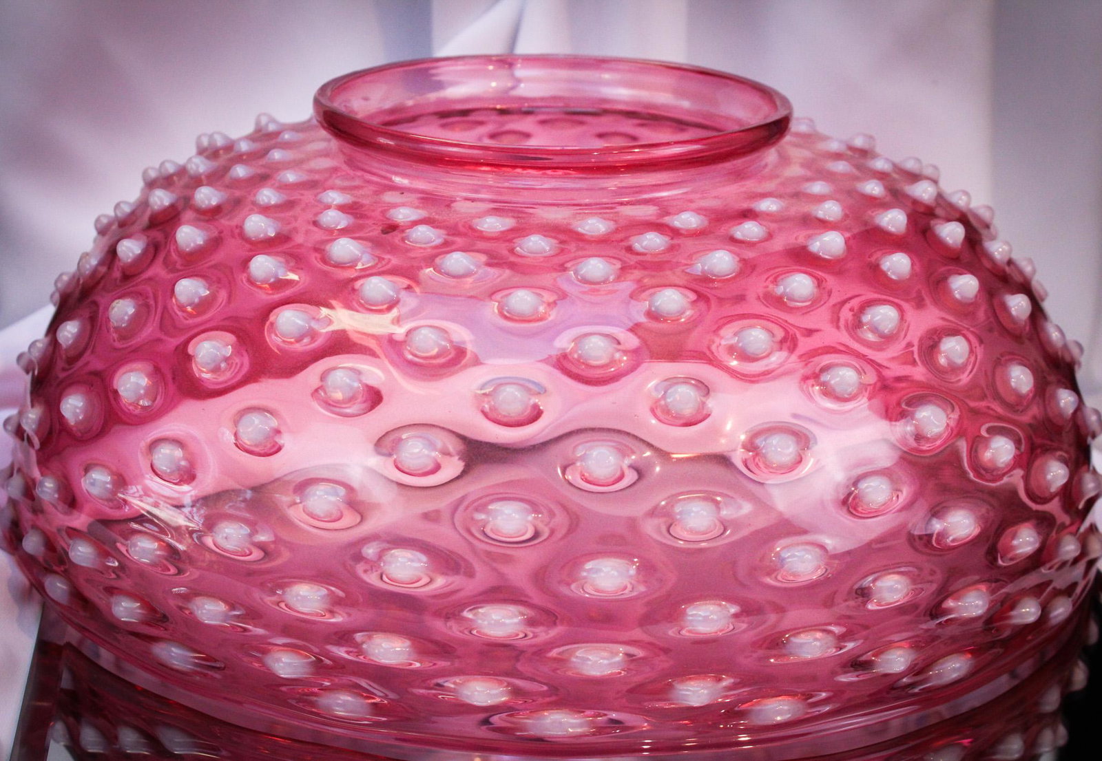 Hobb's Cranberry Opalescent Hobnail Parlor Oil Lamp Shade: Great example of a cranberry Hobb's hobnail with opalescent hobs parlor oil lamp shade. Shade measures 13 3/4" in diameter.