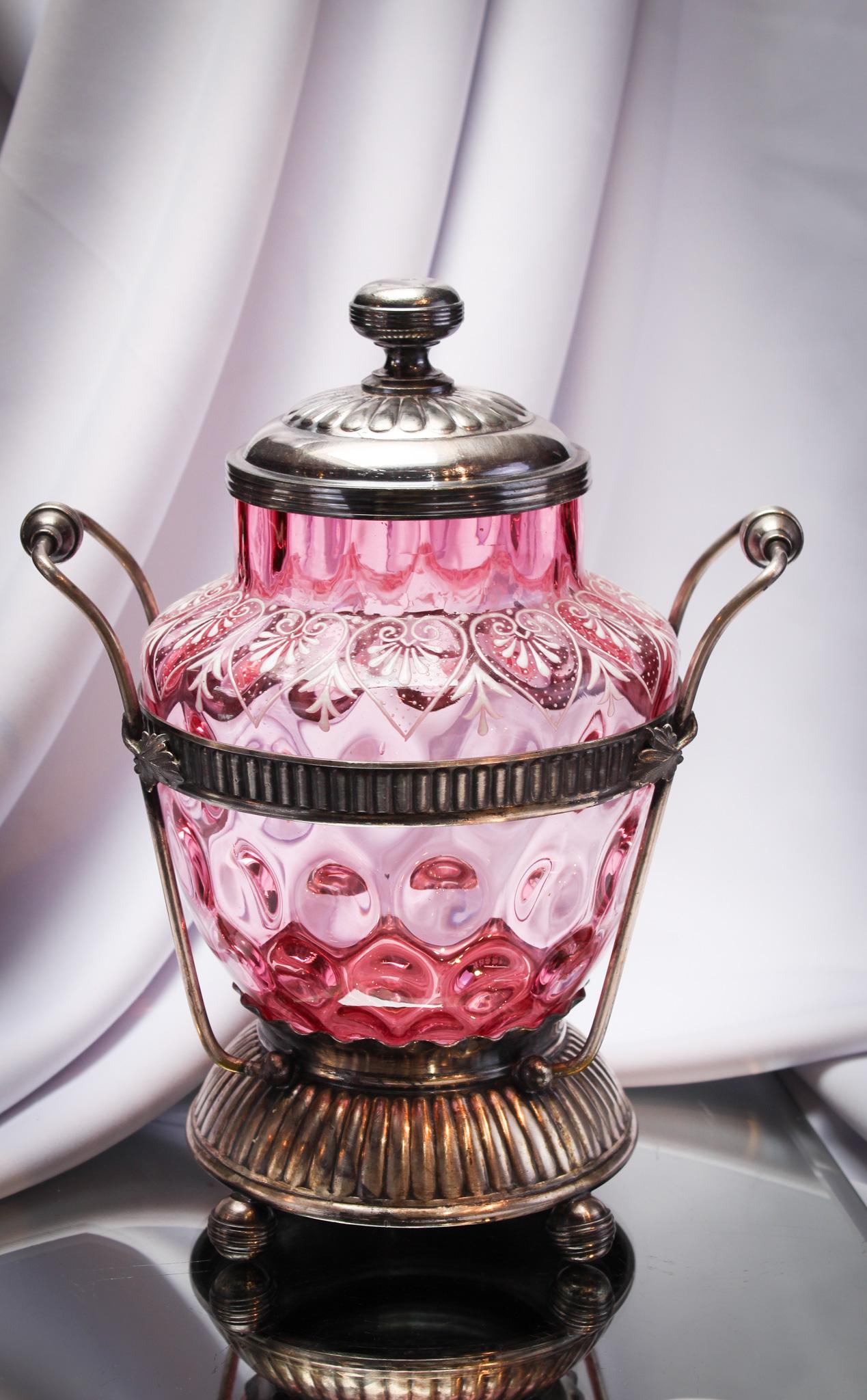 Pairpoint Victorian Silverplate Cranberry Enameled Art Glass Biscuit Jar: Mother Magnum knew what she was doing stashing this great piece away in the Rarities Vault for our anniversary auction. Take a look at this rare piece of Victorian Pairpoint silverplate with original 