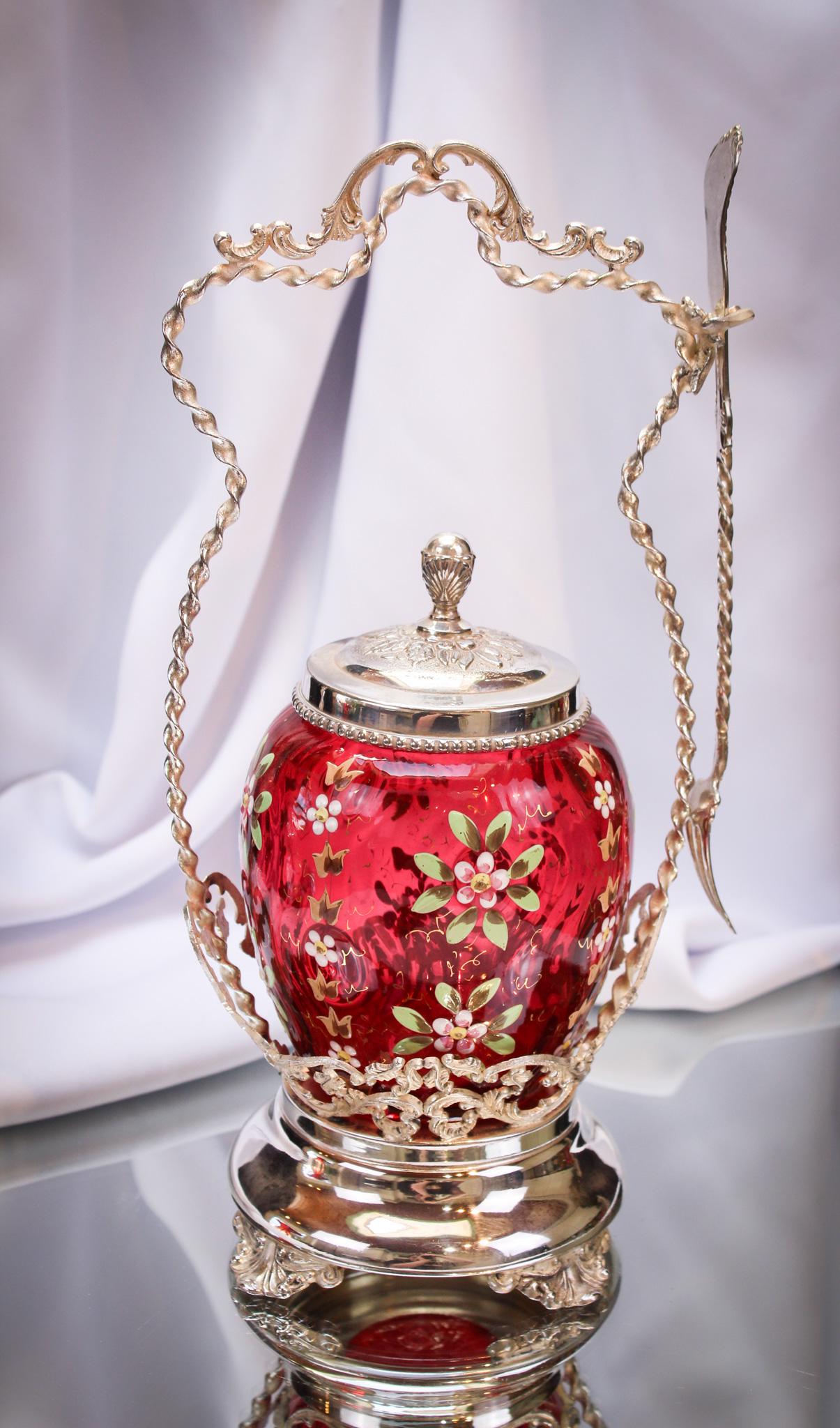 Rogers Victorian Silverplate Cranberry Enamaled Pickle Castor: Gorgeous, Dahling! That's what your guests will say when they see this at the dinner party. This super example is very ornate with lovely silverplate frame signed Rogers and completed by a cranberry e